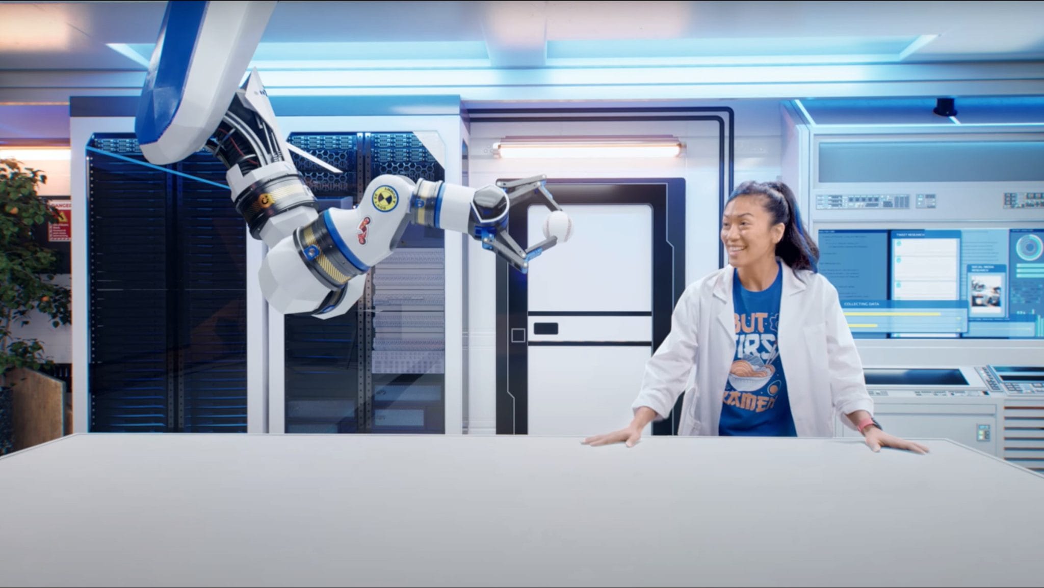 Actress smiling at the virtual robot, Michelin's "Fact Checking Division" series