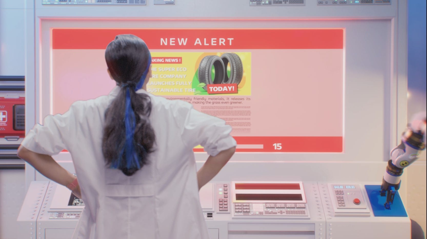 Actress facing a "New alert" fake news screen, Michelin's Fact Checking Division series