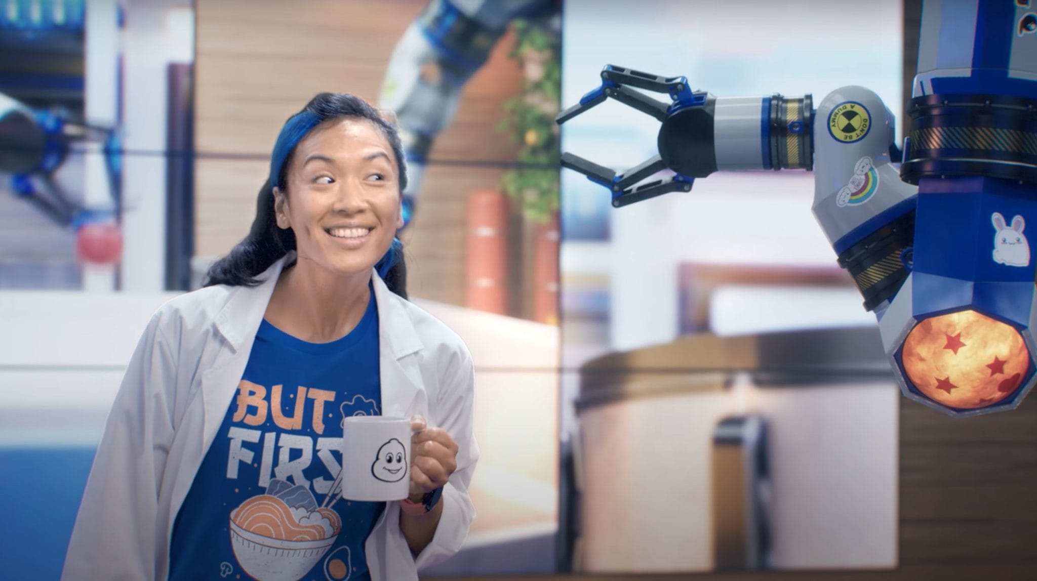 Actress laughing with her virtual robot, Michelin series in virtual production