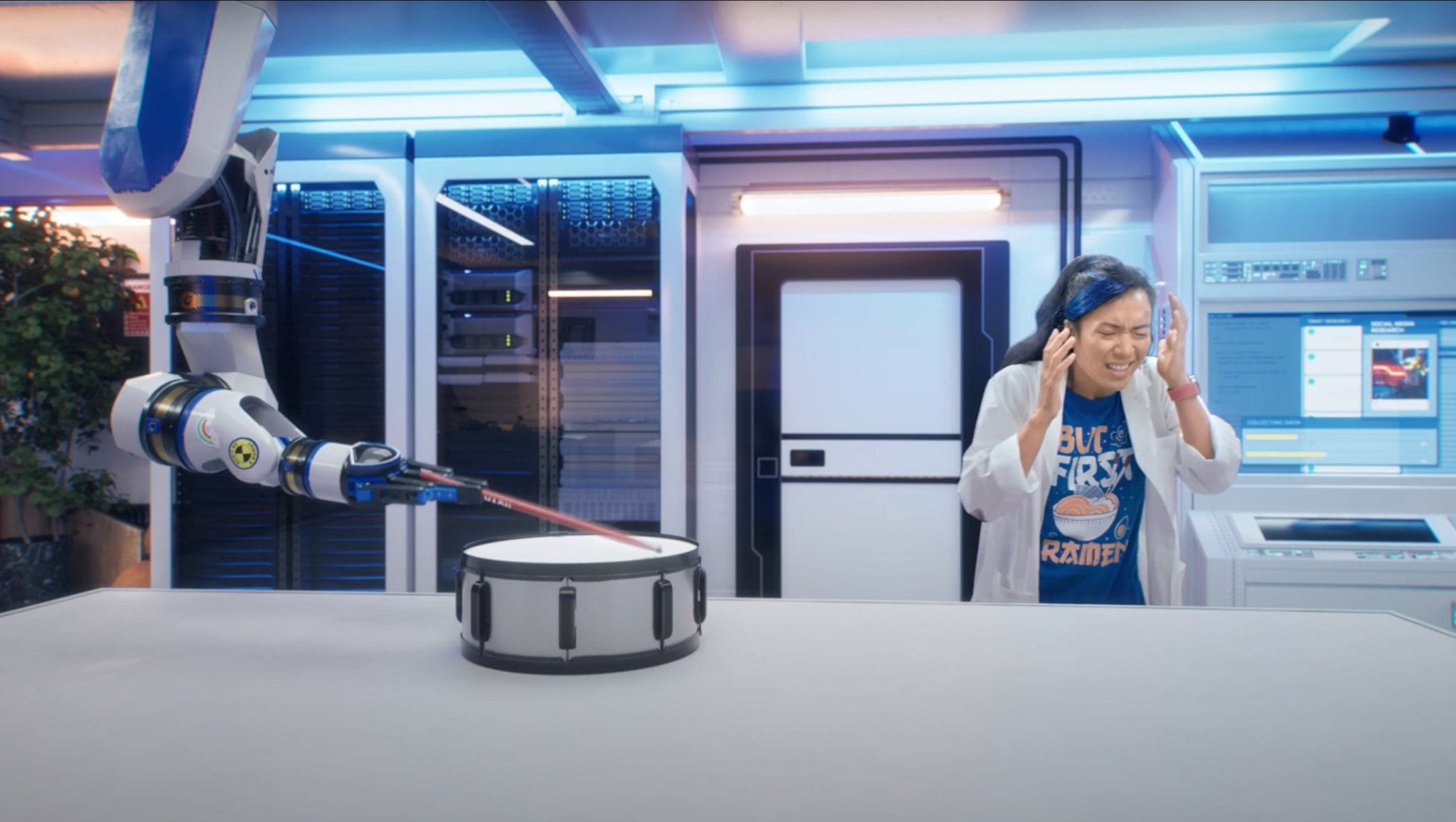 Actress and robot arm testing a tyre, Michelin series on tyres for electric cars