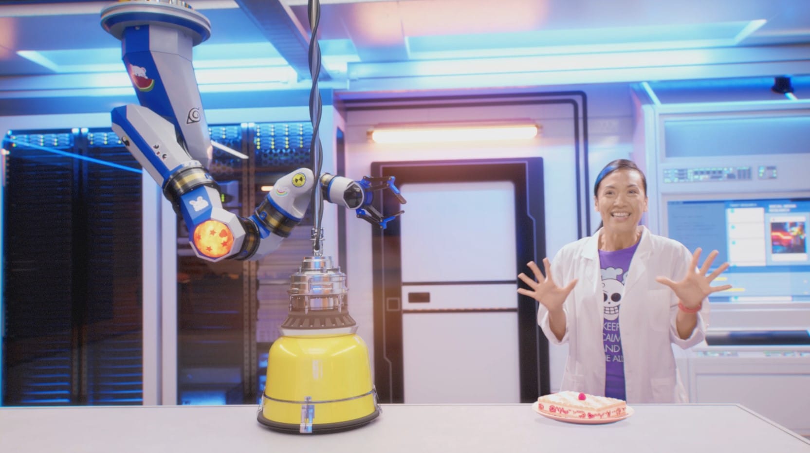 Actress making a cake with her virtual robot, Michelin series