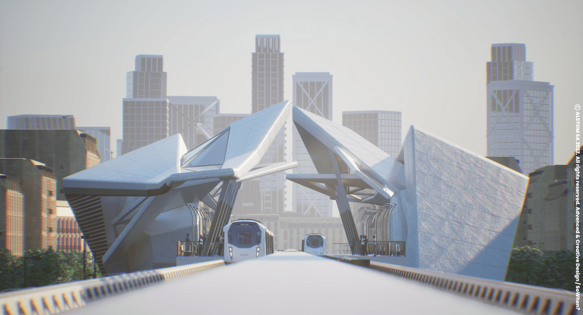 Futuristic station with trains in the Alstom virtual world made by SoWhen?