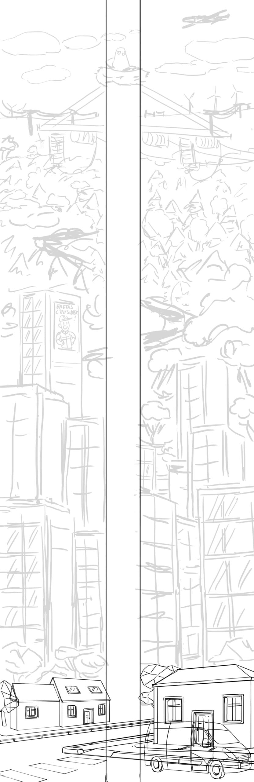 Line sketch of the vertical screens of the Enedis children's interactive quiz
