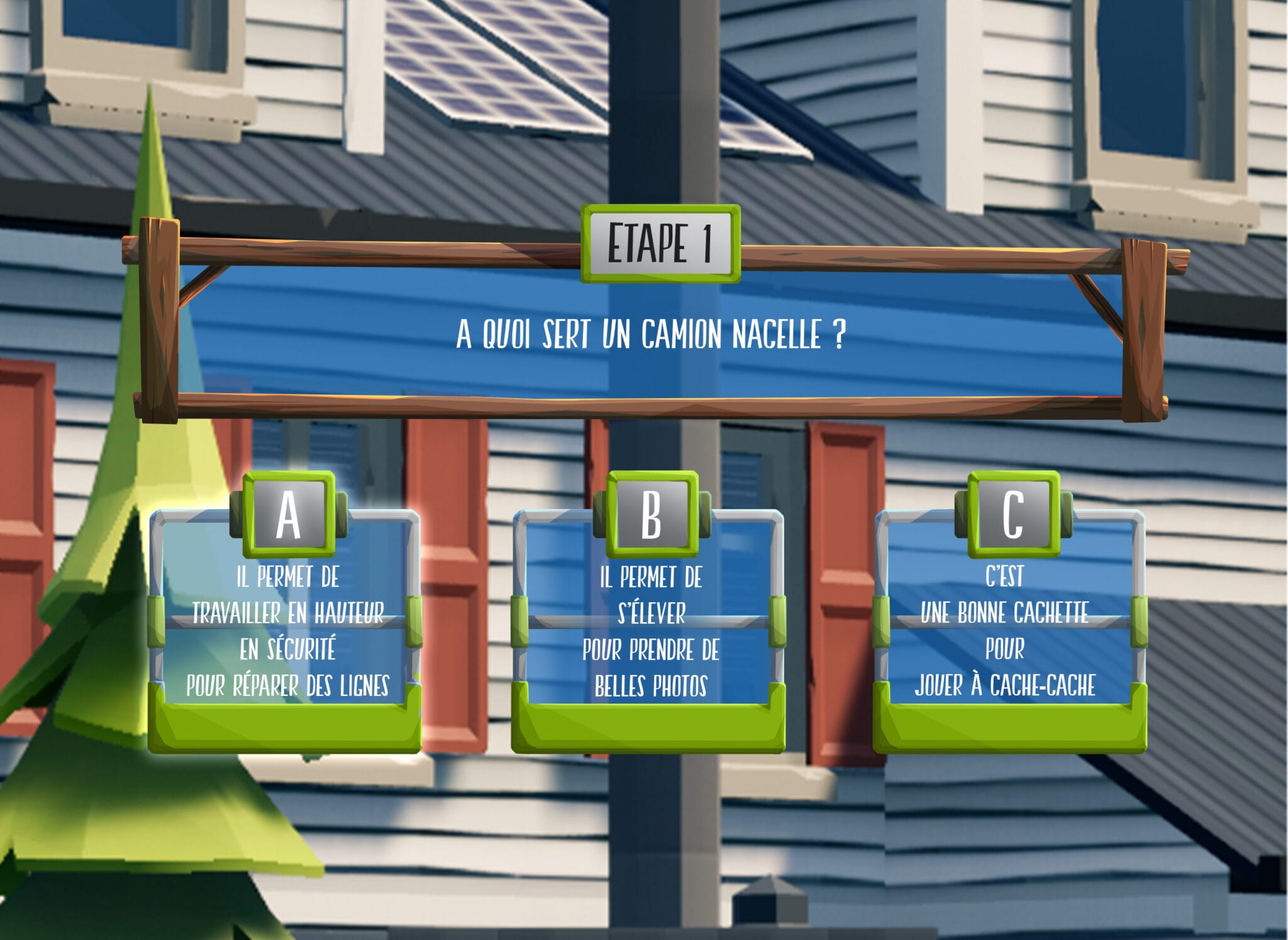Enedis quiz interface: "What is a bucket truck for?" with three answers