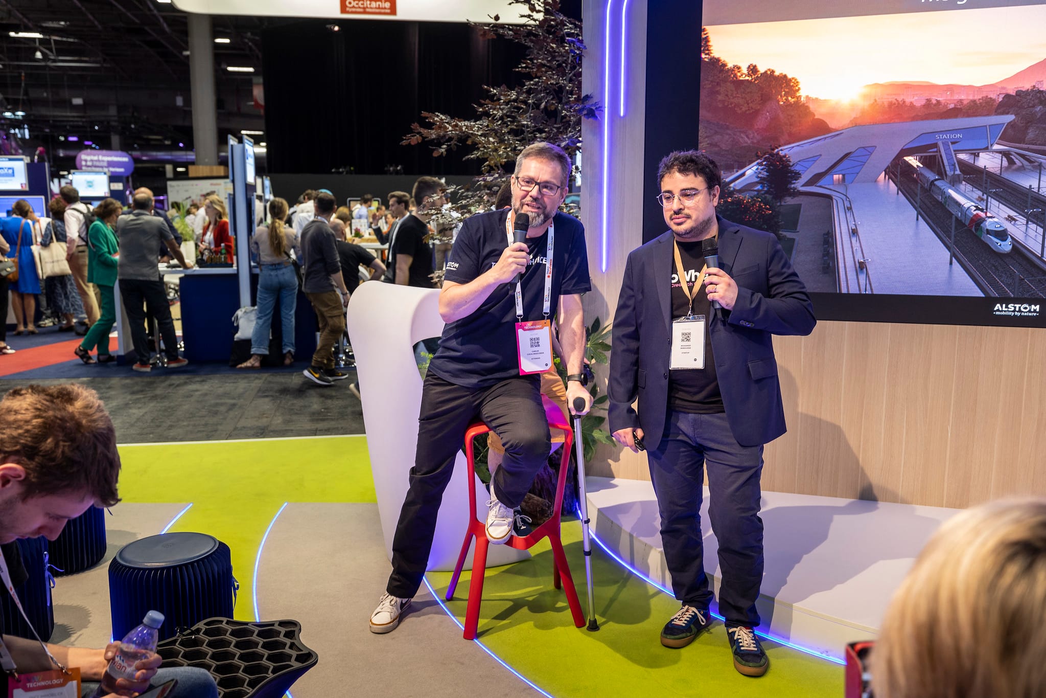 Mohamed Marouene and Carles Coca pitching Alstom's virtual world at VivaTech 2023