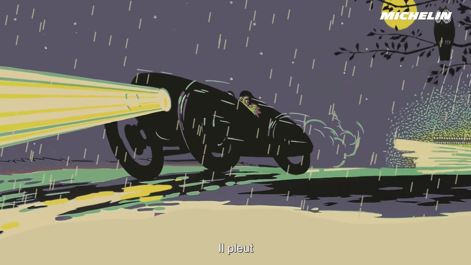 Animated illustration: vintage race car in the rain, Michelin Le Mans 24 Hours film
