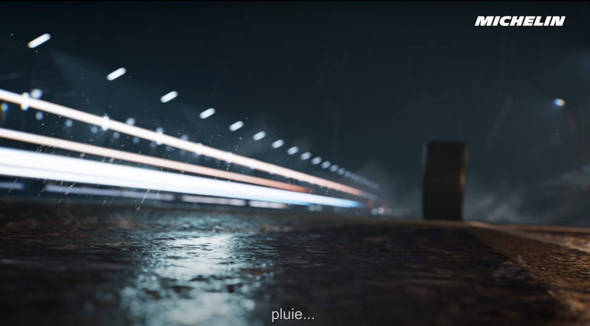 Rainy track streaked with light trails, Michelin Le Mans 24 Hours 3D film