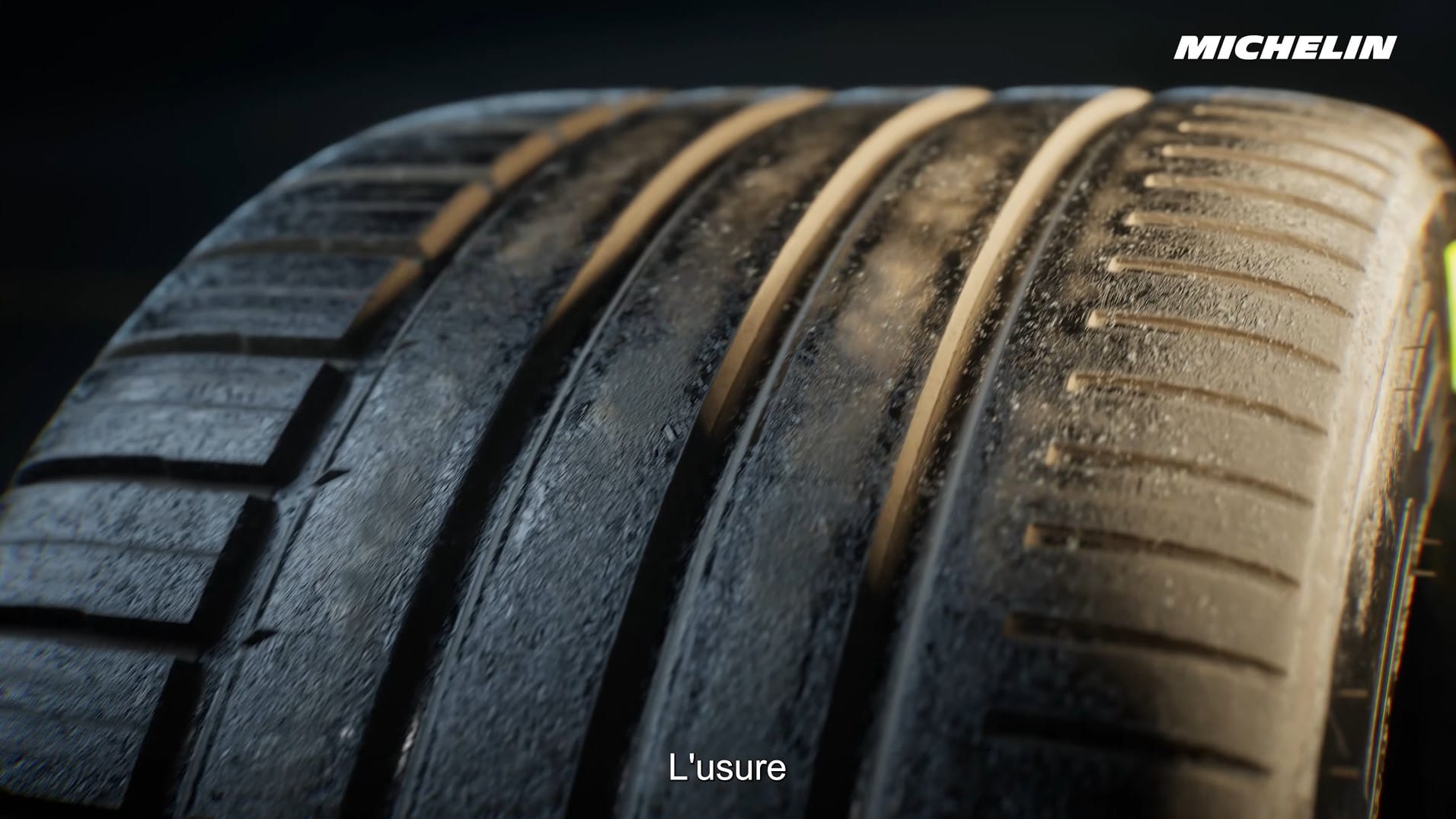 Close-up of a worn Michelin tyre, Le Mans 24 Hours 3D film
