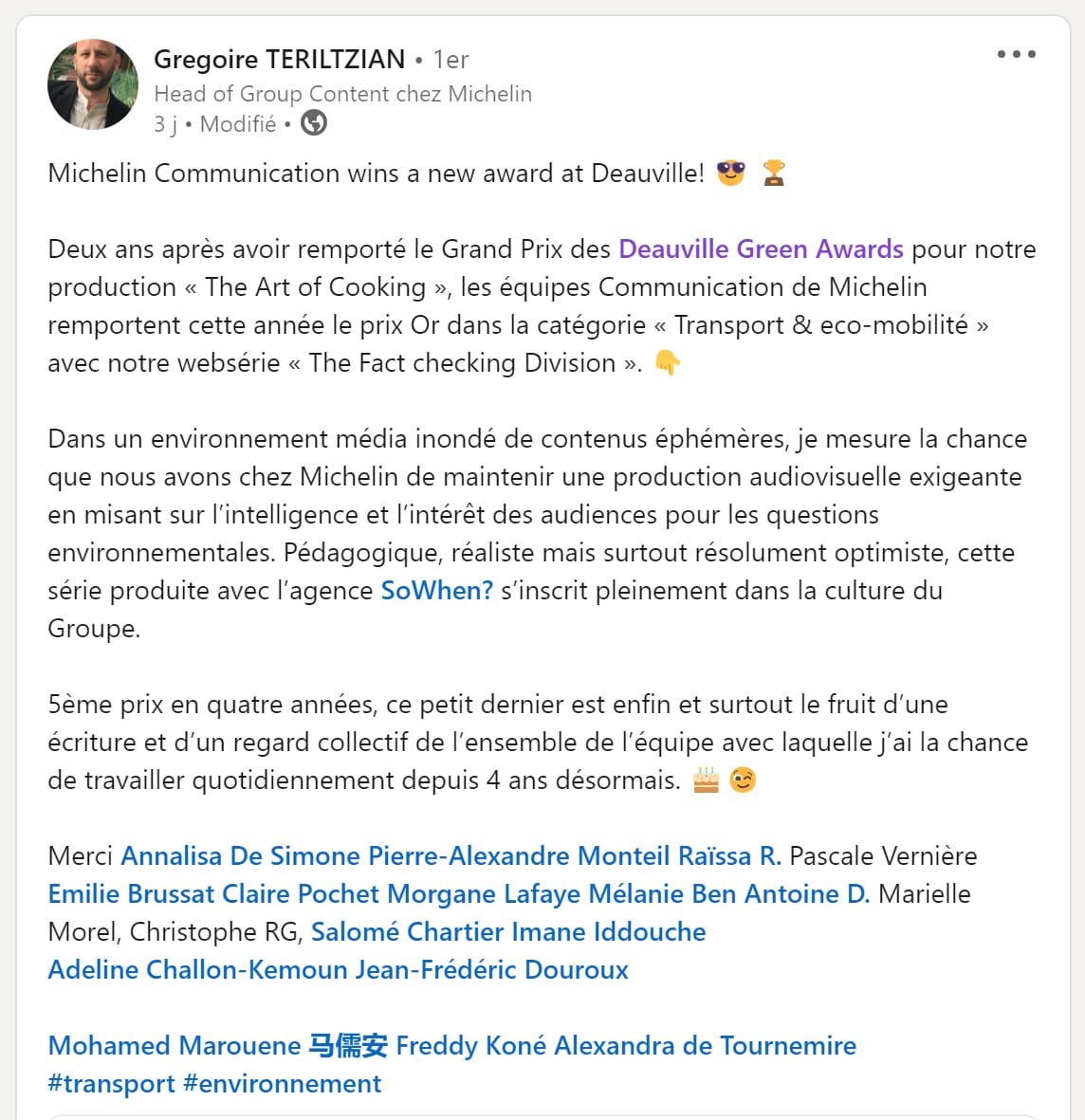 LinkedIn post by Grégoire Teriltzian (Michelin) about the gold award at the Deauville Green Awards