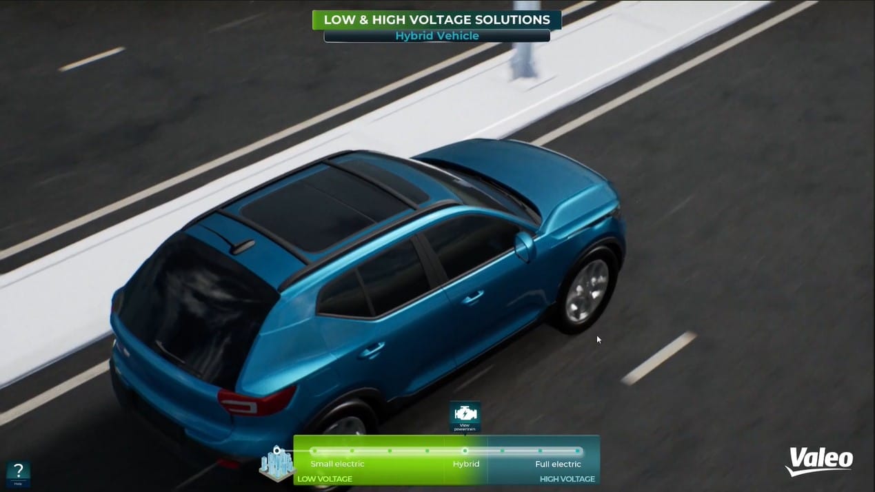 Electric SUV in 3D, stylised interactive virtual world showing Valeo solutions