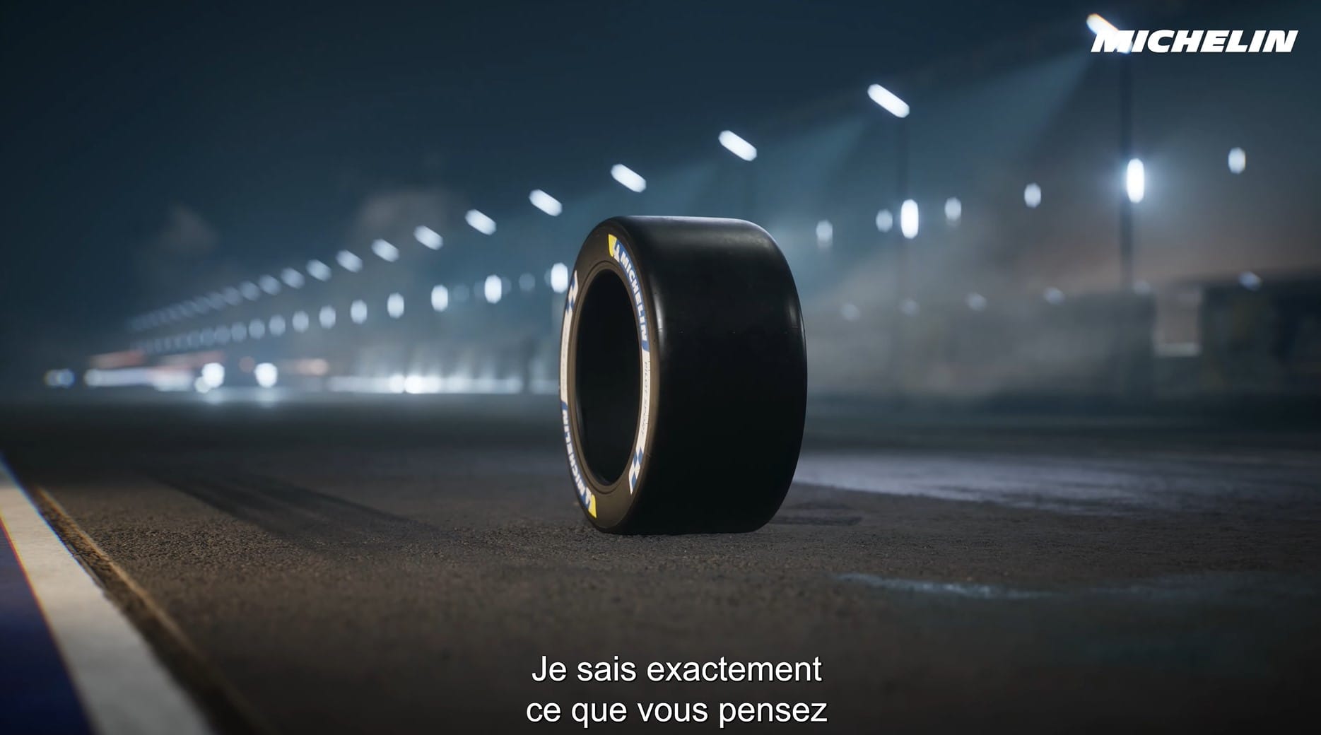 Michelin tyre rolling alone on the track, Le Mans 24 Hours 3D film