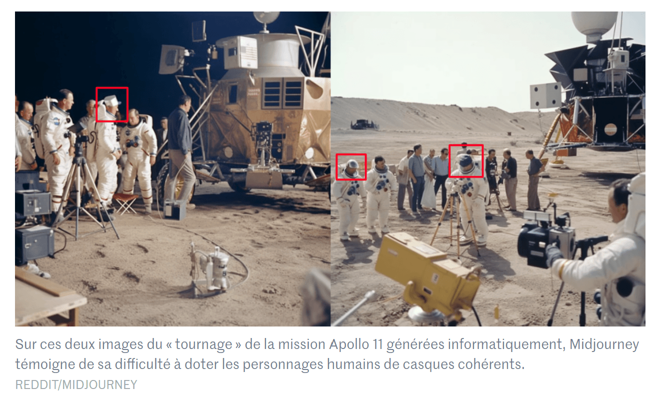Midjourney-generated Apollo 11 images with inconsistent helmets, Le Monde article