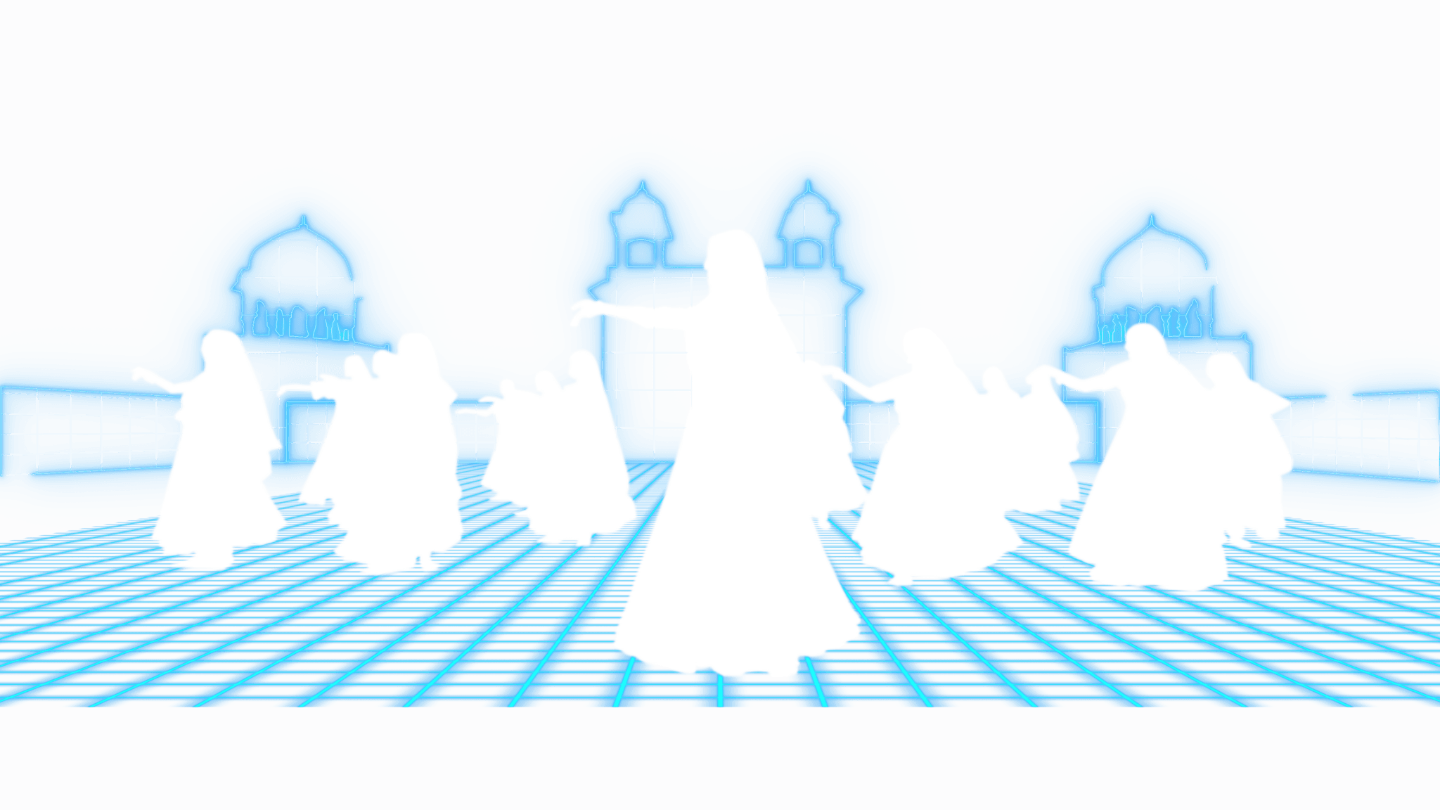 Wireframe 3D mock-up of dancer silhouettes and the palace, Bollywood exhibition