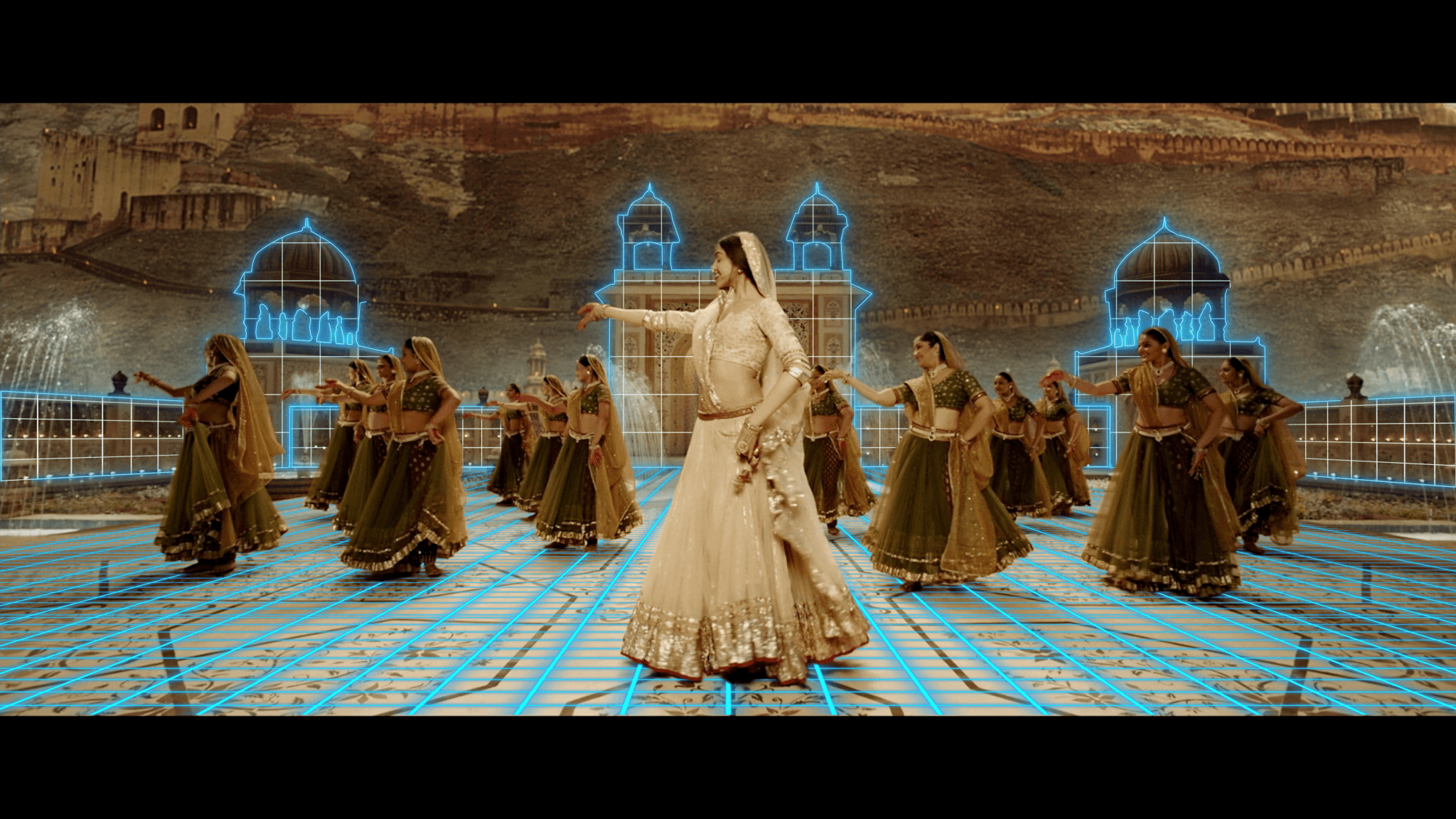 Bollywood dance scene with the wireframe 3D set overlaid