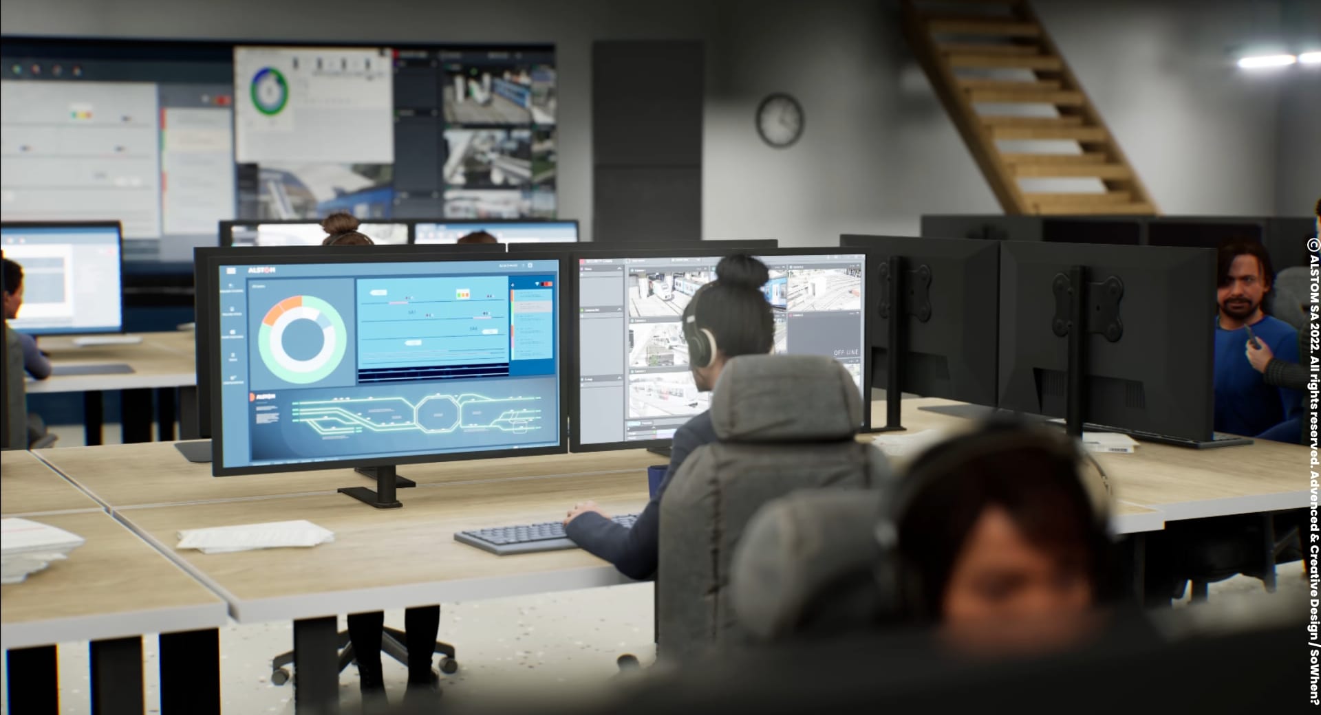 Virtual control centre with operators and screens, Alstom's real-time 3D world