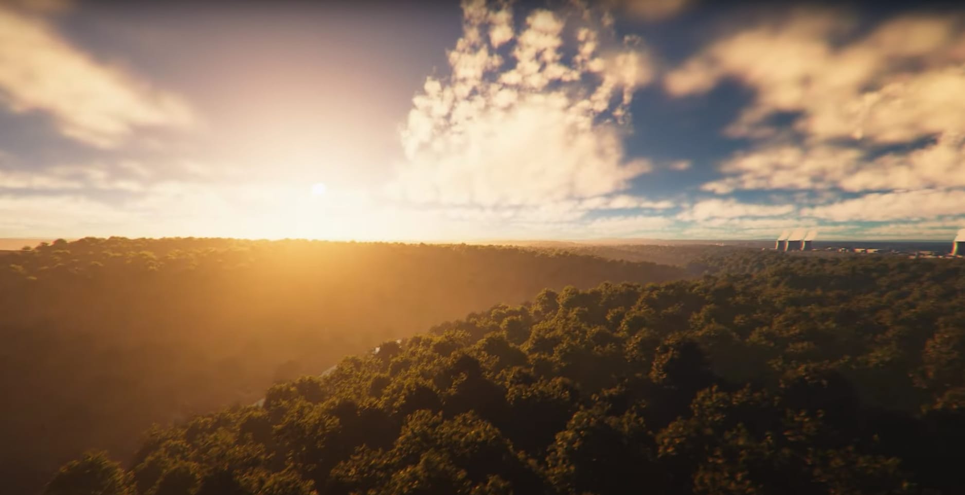 Sunrise over a forest, 3D view from satellite data, EDF film in Czechia
