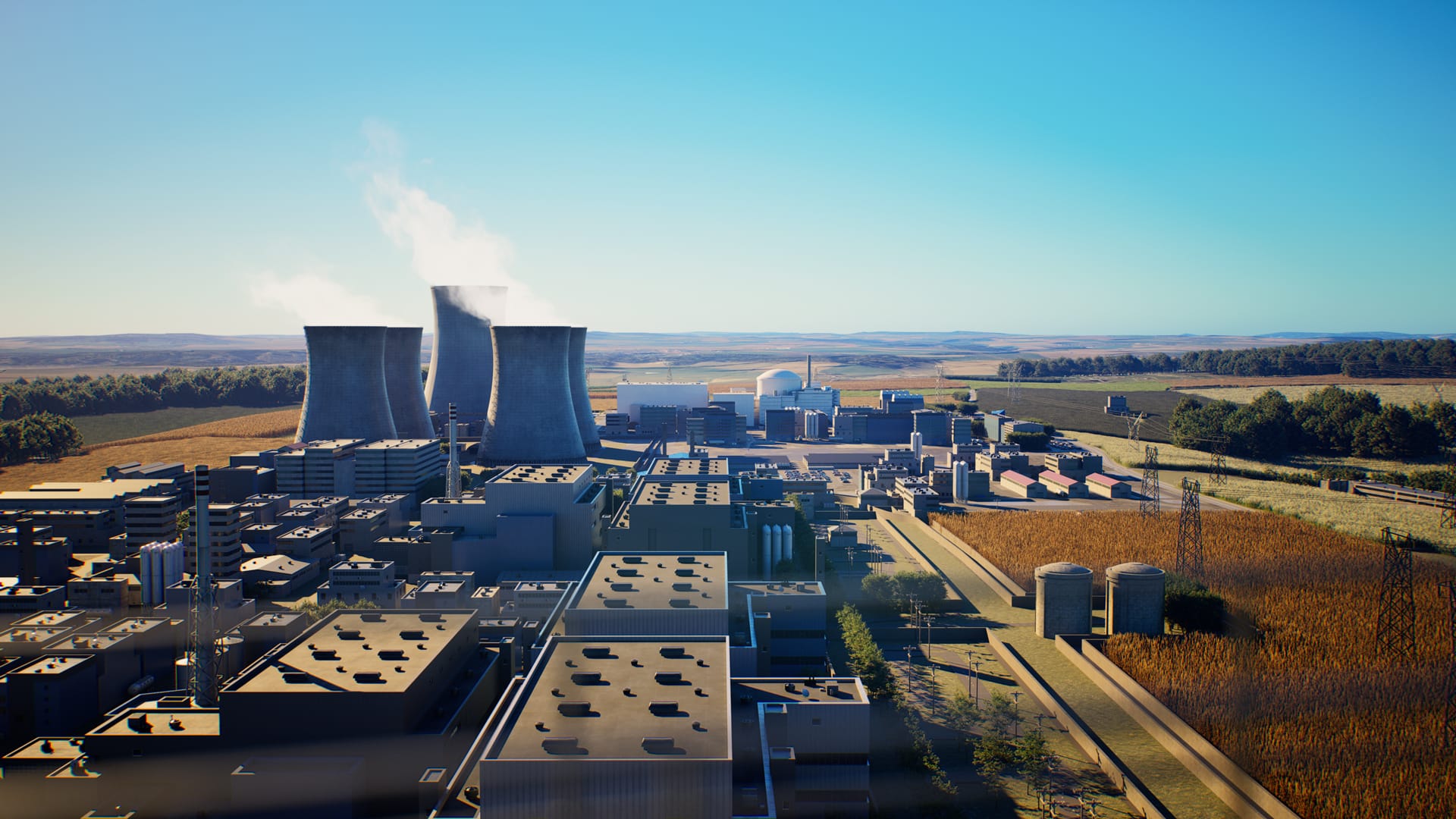 3D nuclear power plant with cooling towers, EDF "New Energy for Czechia" film