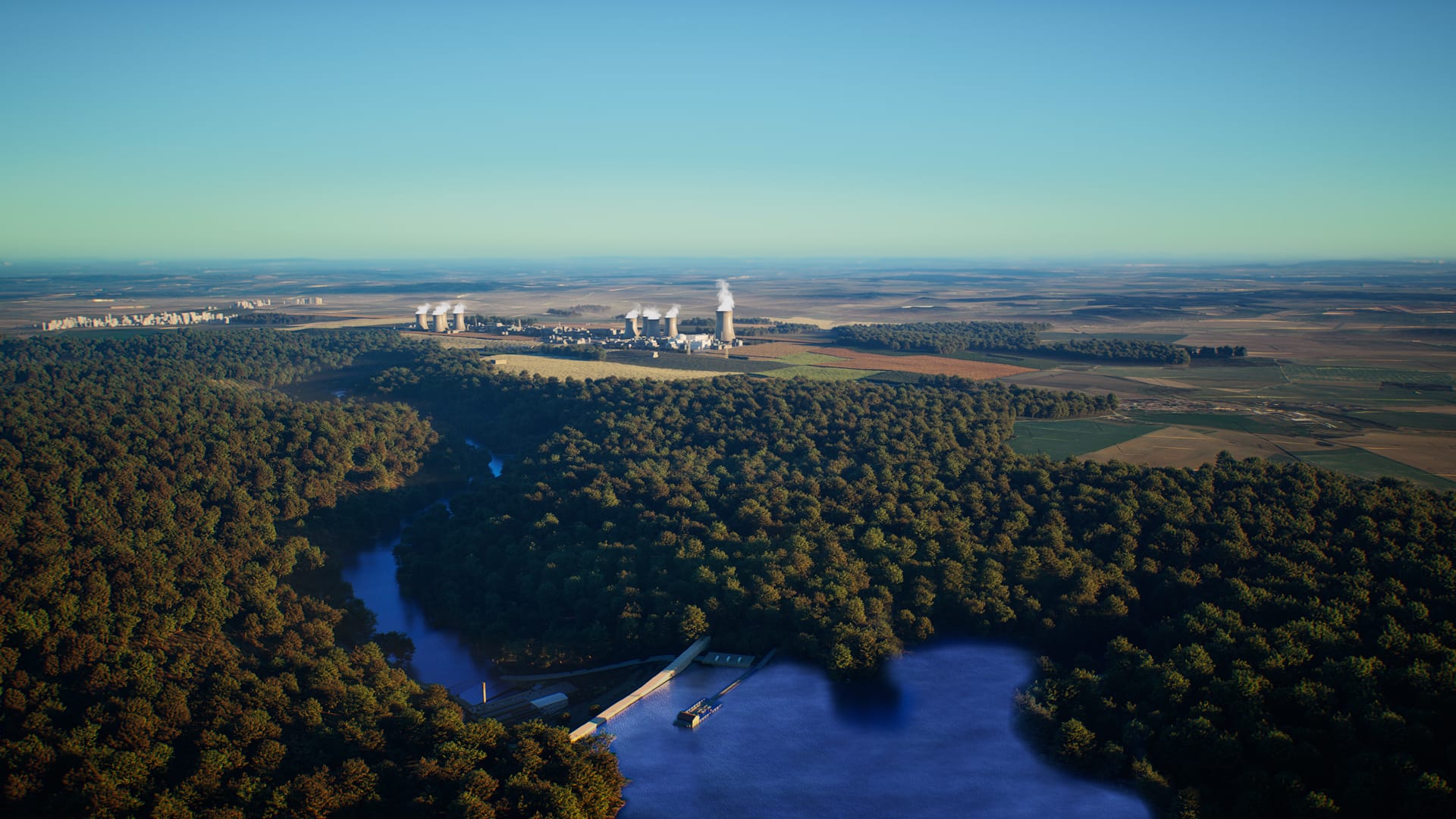 Aerial view of an EDF nuclear power plant by a river, immersive 3D film by SoWhen?