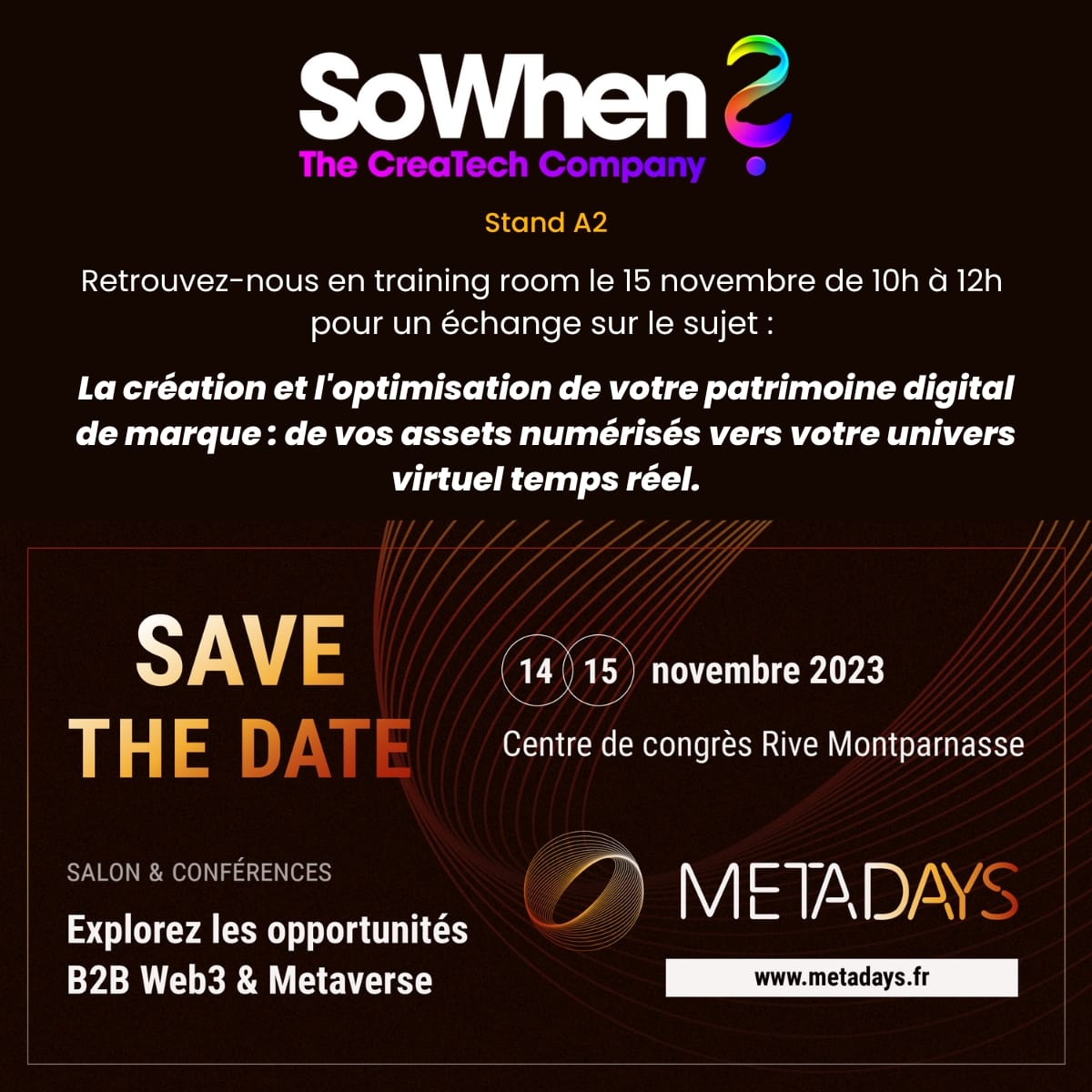 SoWhen? poster, stand A2 at Metadays, 14-15 November 2023, Rive Montparnasse congress centre