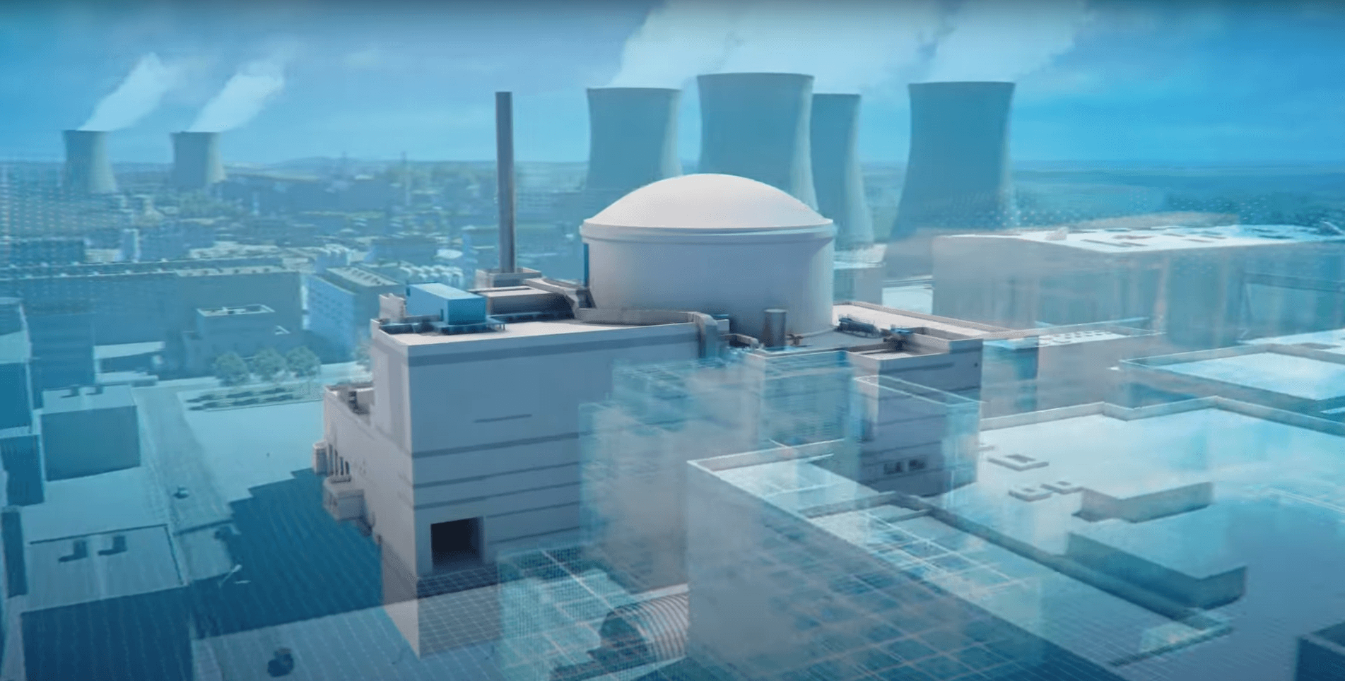 Domed reactor and cooling towers in 3D, EDF immersive film