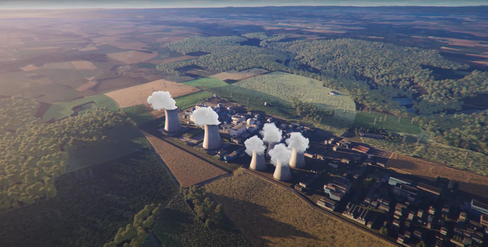3D aerial view of a nuclear plant in the Czech countryside, in Unreal Engine