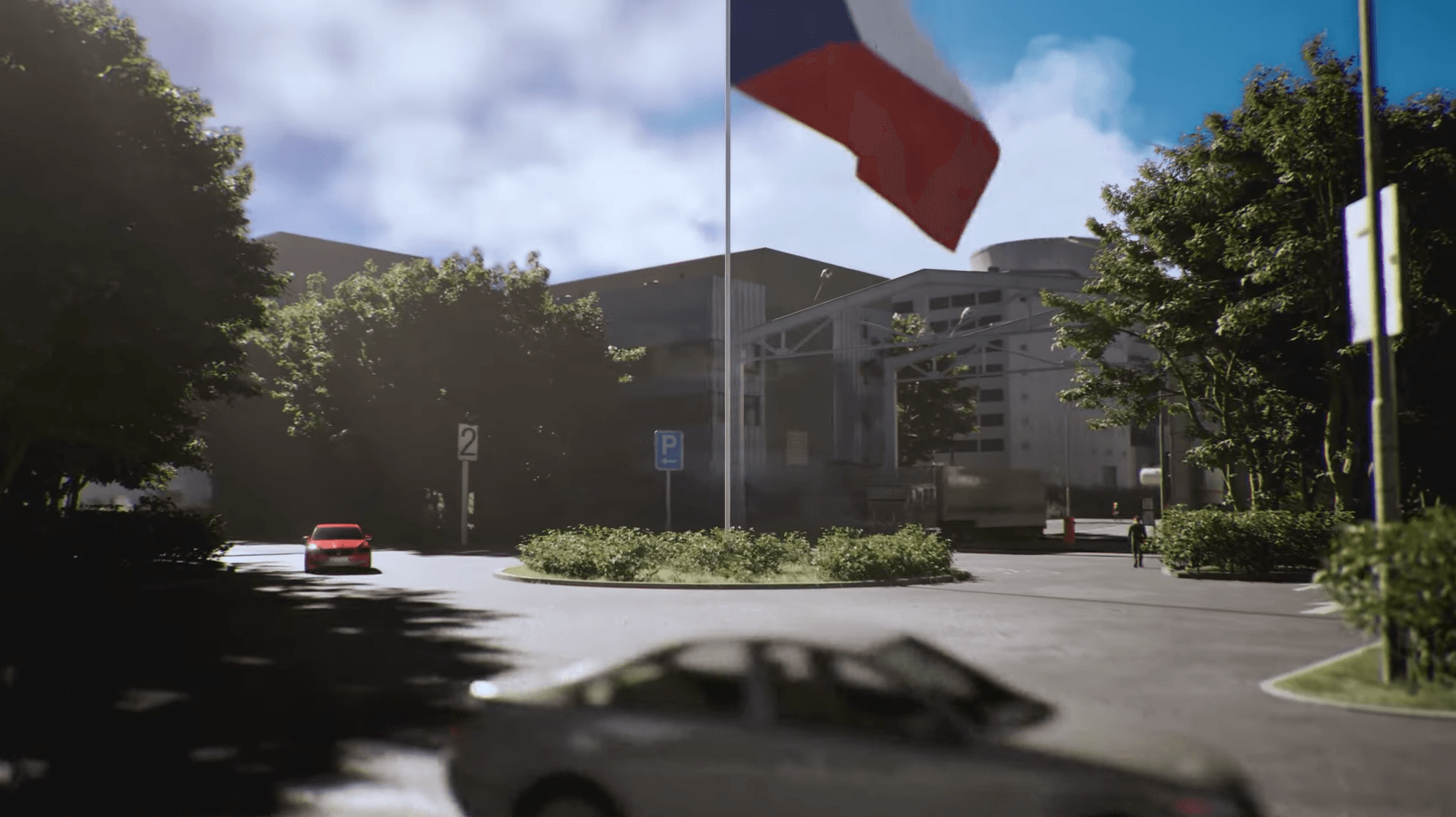 Street with a Czech flag and cars in real-time 3D, EDF film in Unreal Engine