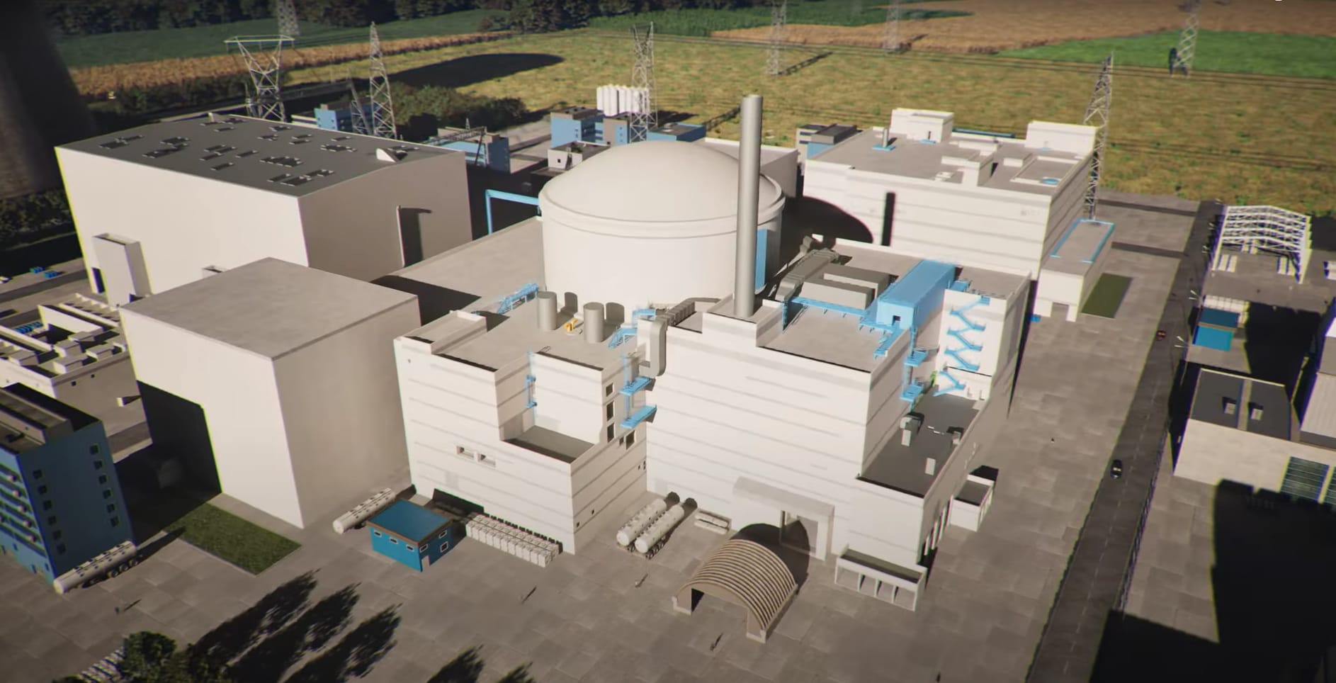 3D view of a nuclear plant and its domed reactor, EDF film for Czechia