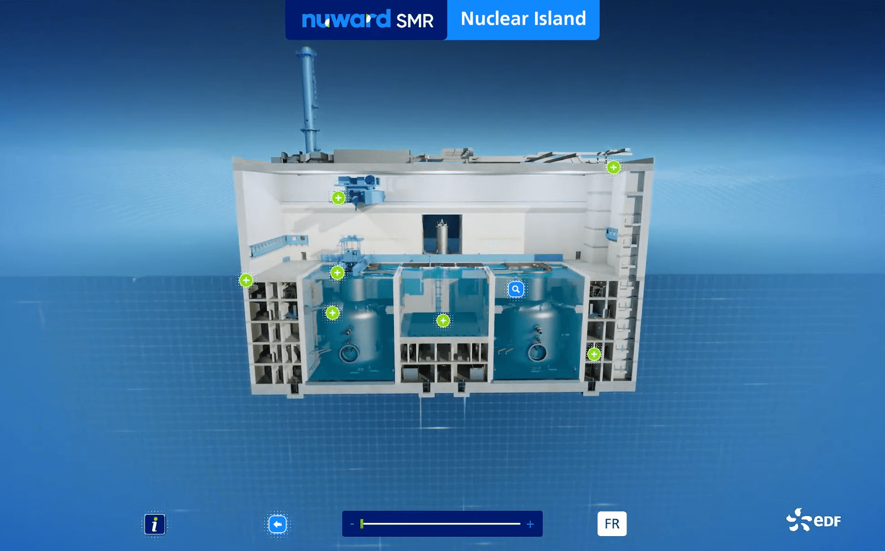 Cutaway of the Nuward SMR nuclear island with info points, EDF interactive model