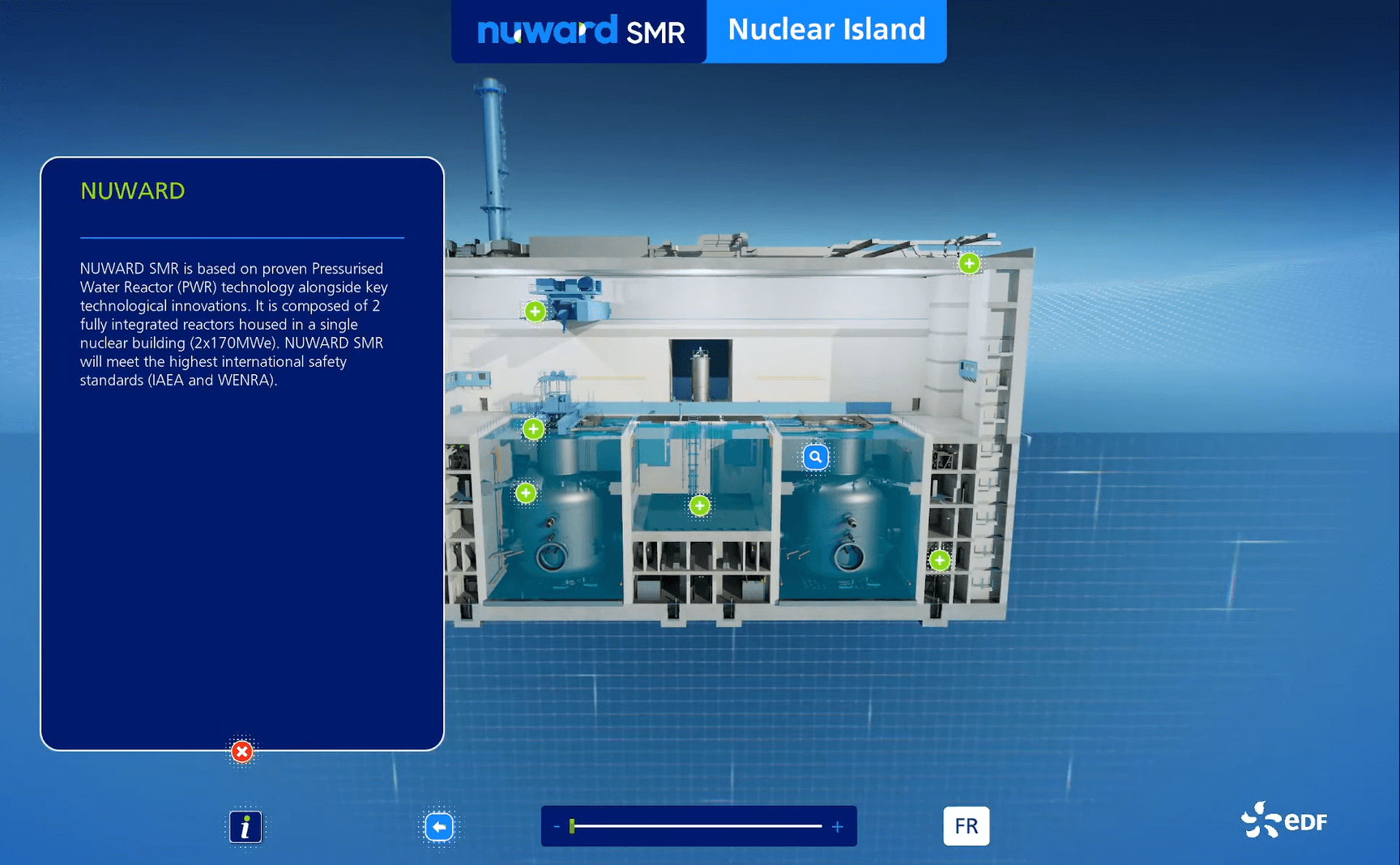 Nuward SMR interactive model with an open info panel, EDF showroom