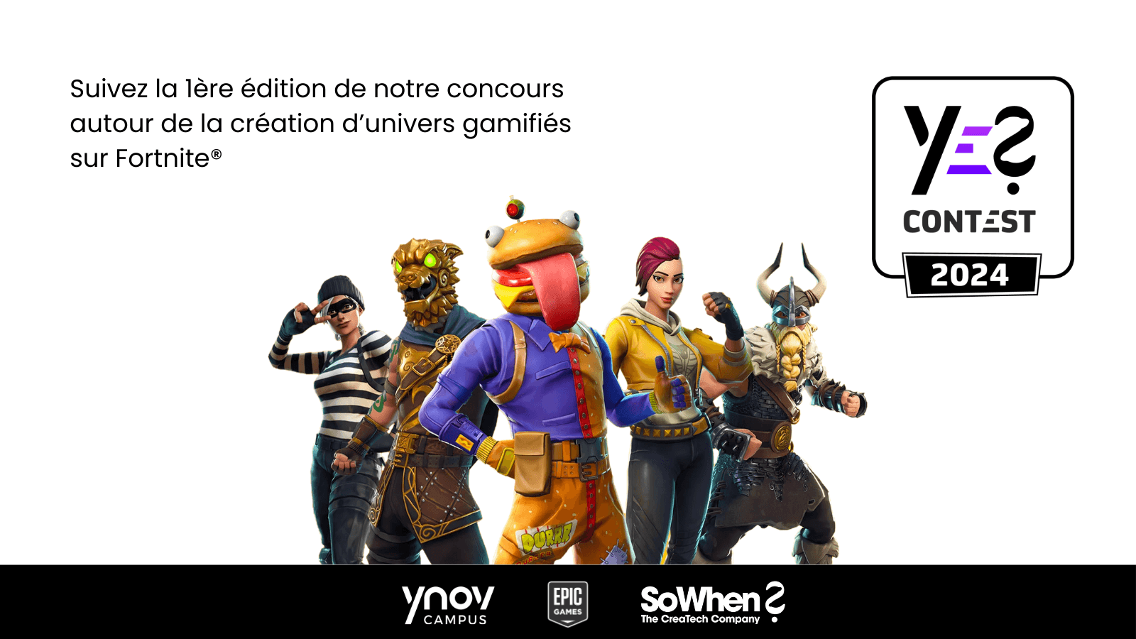 Announcement of the Ynov x SoWhen? Fortnite contest with Fortnite characters