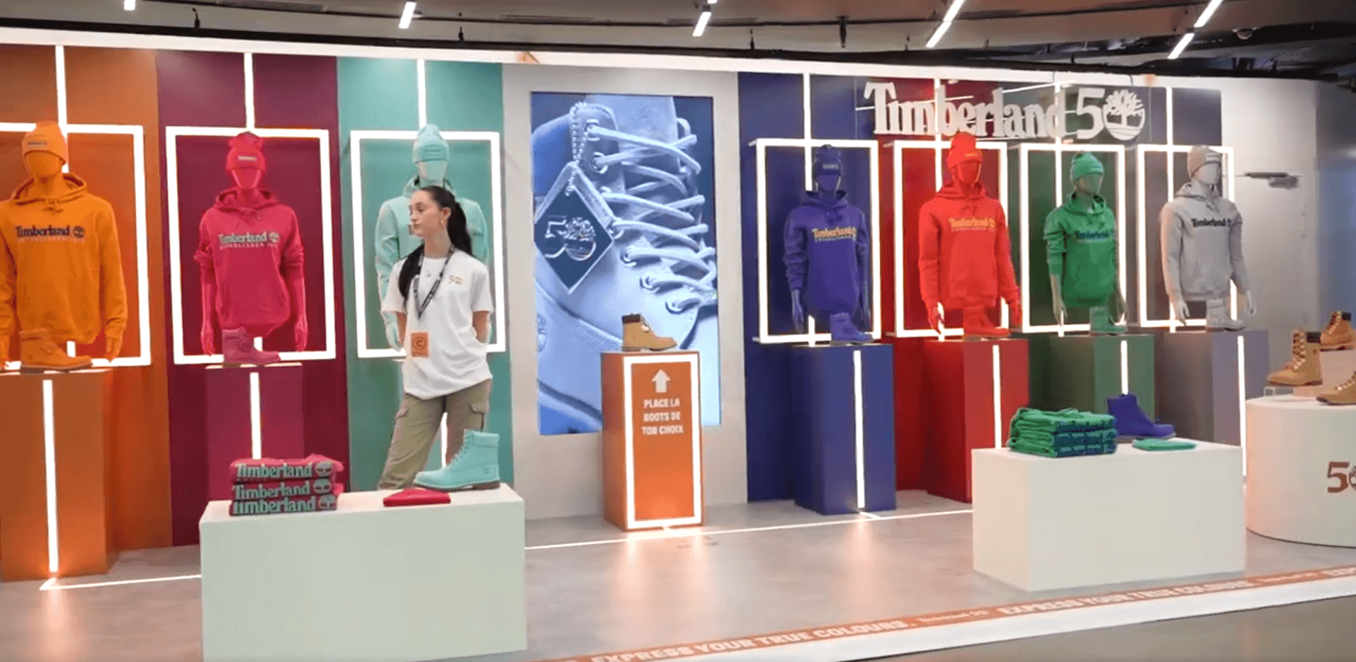 Timberland 50th anniversary stand at Citadium, colourful sweatshirts and boots