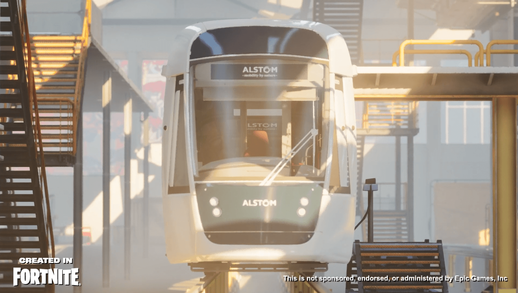 Alstom tram in a depot, game made in Fortnite by SoWhen?