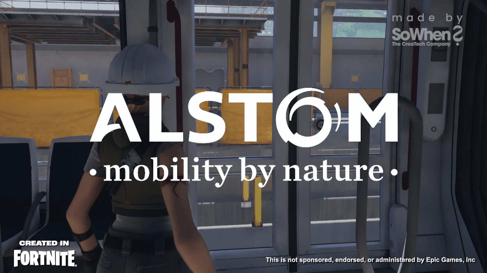 Alstom "mobility by nature" visual in a train, game made in Fortnite by SoWhen?