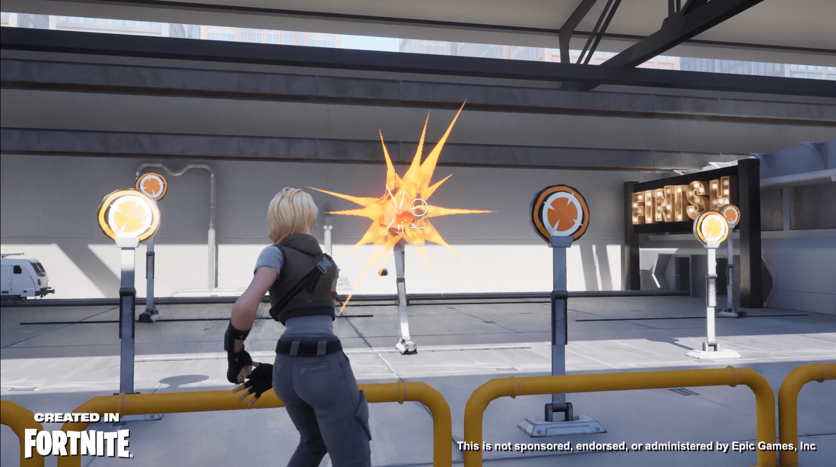 Player aiming at targets in a depot, Alstom game on Fortnite