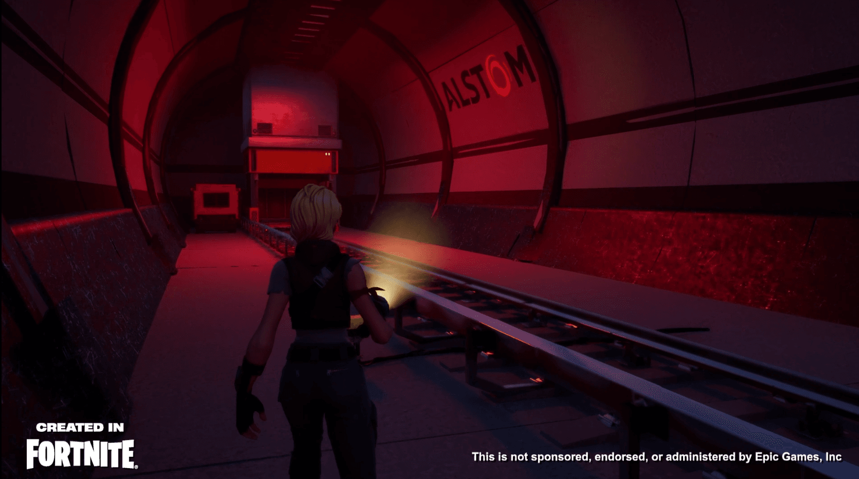 Player in a red-lit railway tunnel, Alstom game on Fortnite