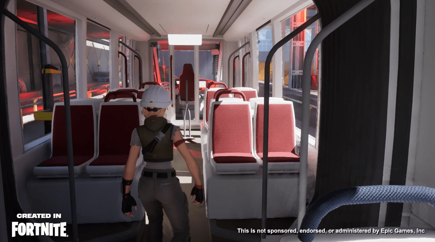 Character in a train carriage, Alstom game made in Fortnite