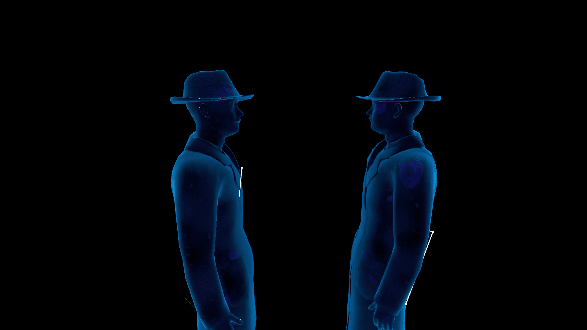 Two translucent blue human silhouettes facing each other, VR work "Encounters"