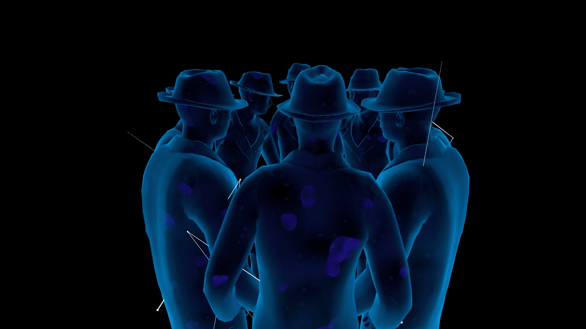 Group of translucent blue human silhouettes, VR work "Encounters"