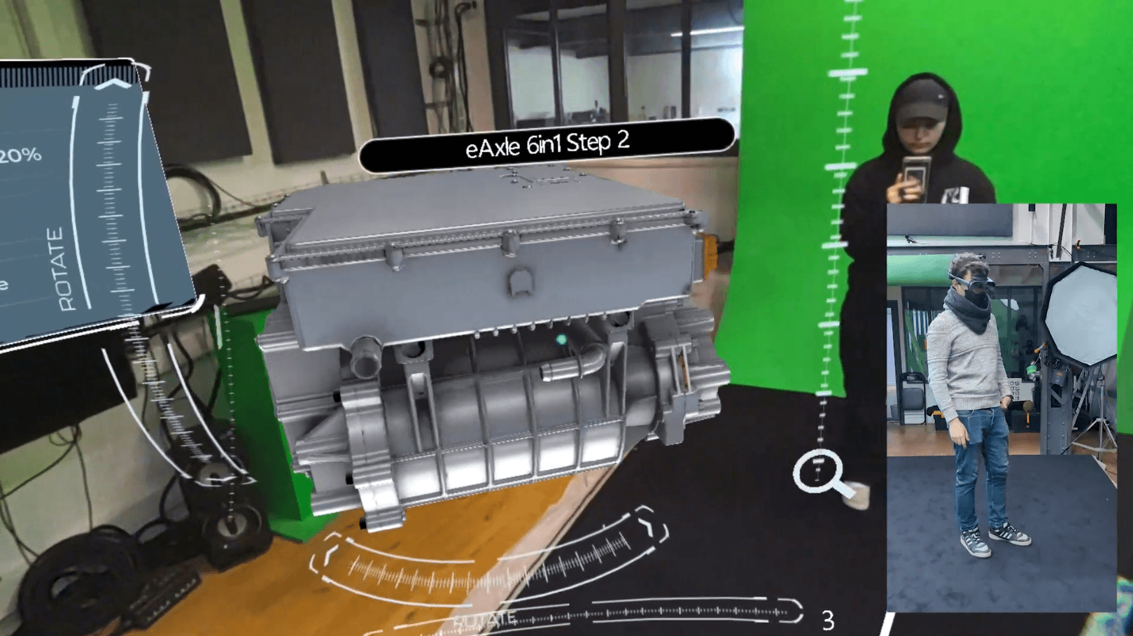 Valeo XR experience: 3D eAxle electric axle and user in a headset