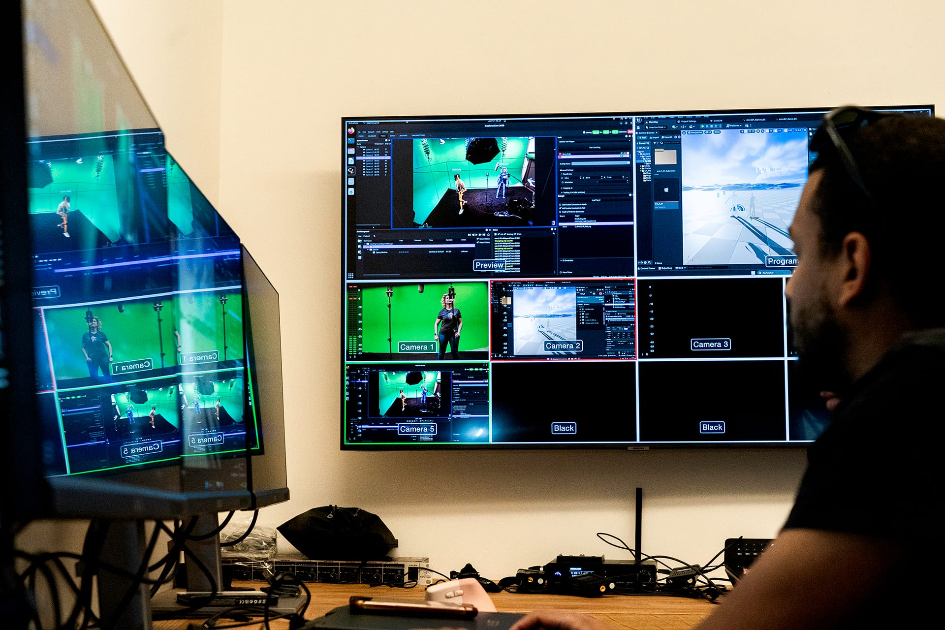 Virtual production control room with multi-camera screens at the Multivert studio