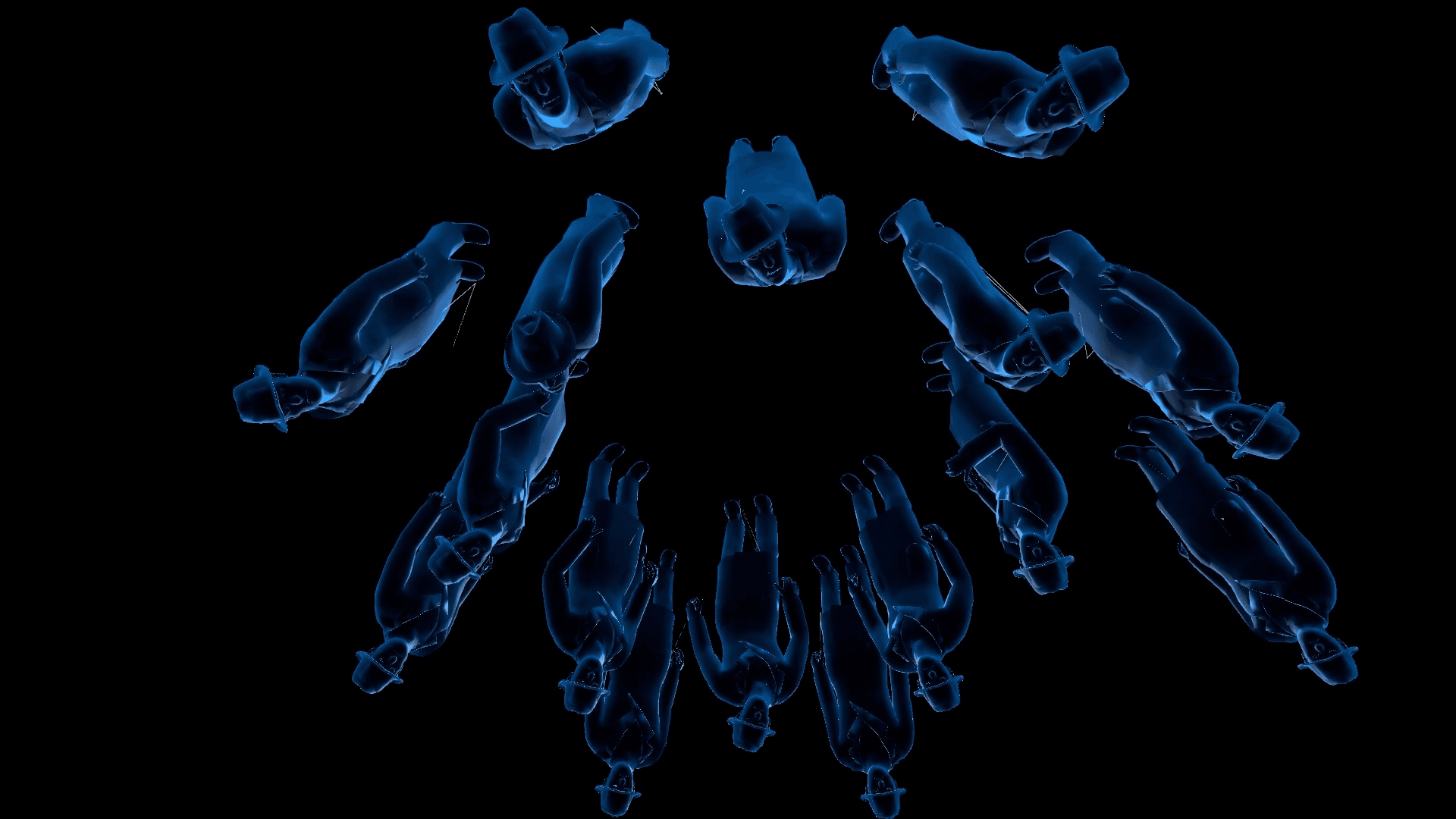 Translucent blue human silhouettes in a circle, VR work "Encounters"