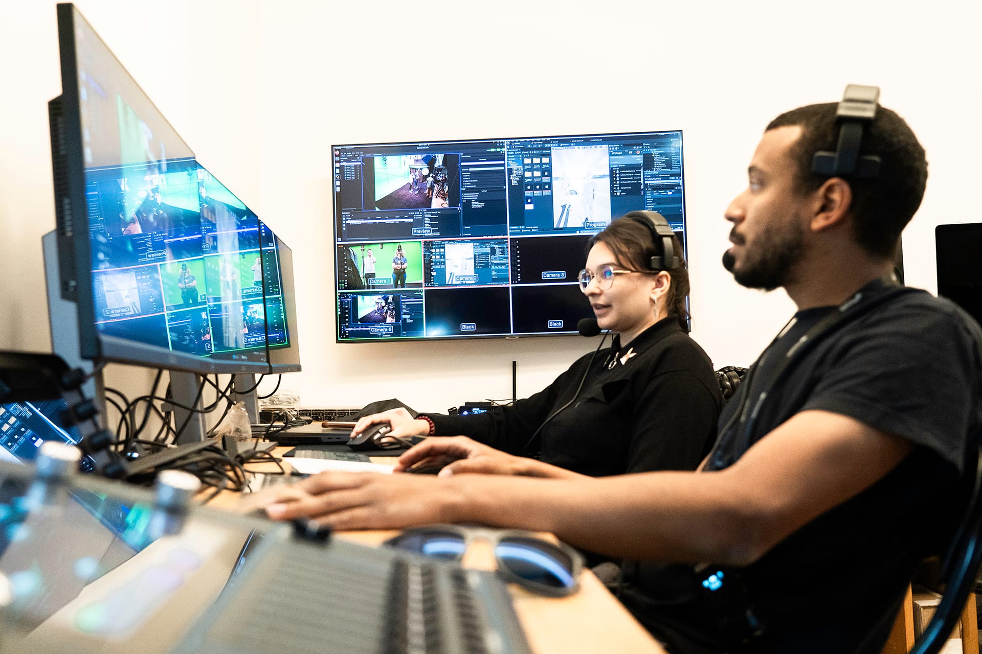 Control room of the Multivert hybrid virtual studio with two technicians
