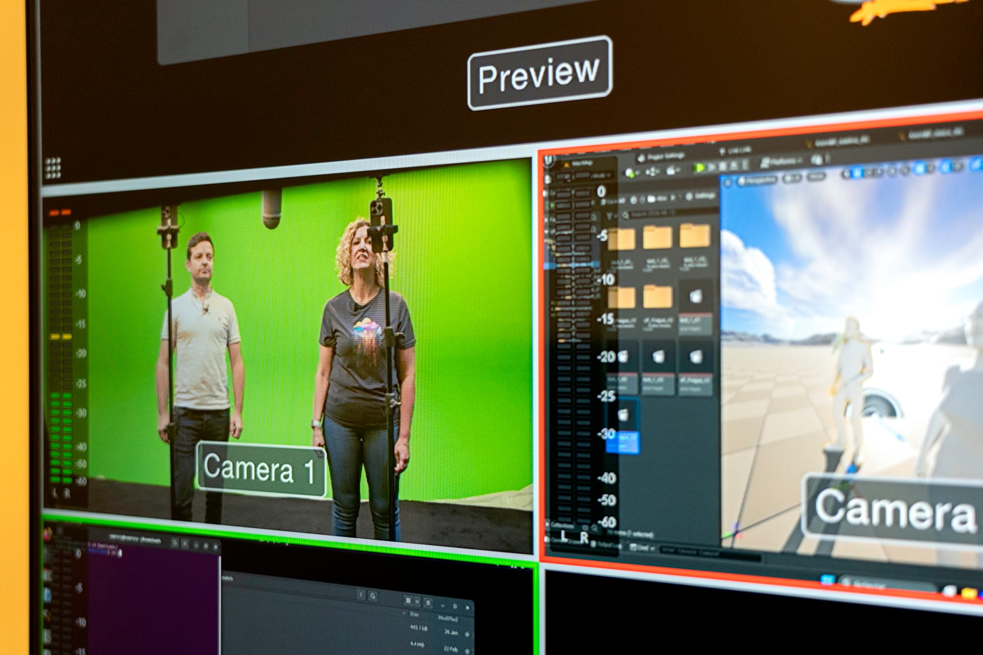 Control screen: two people on a green screen keyed into a set, Multivert studio