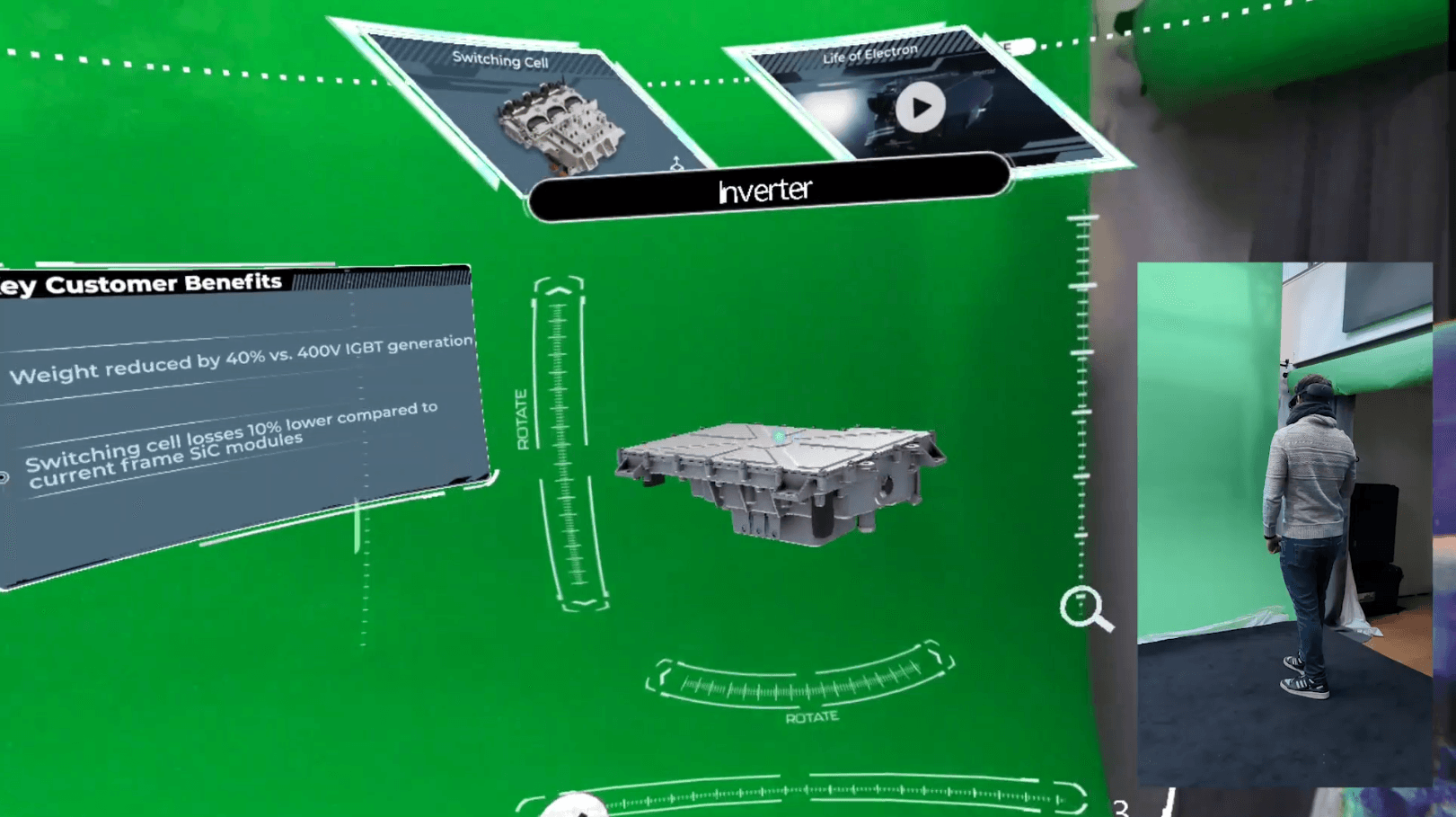 Life-size Valeo inverter with customer benefits, XR experience