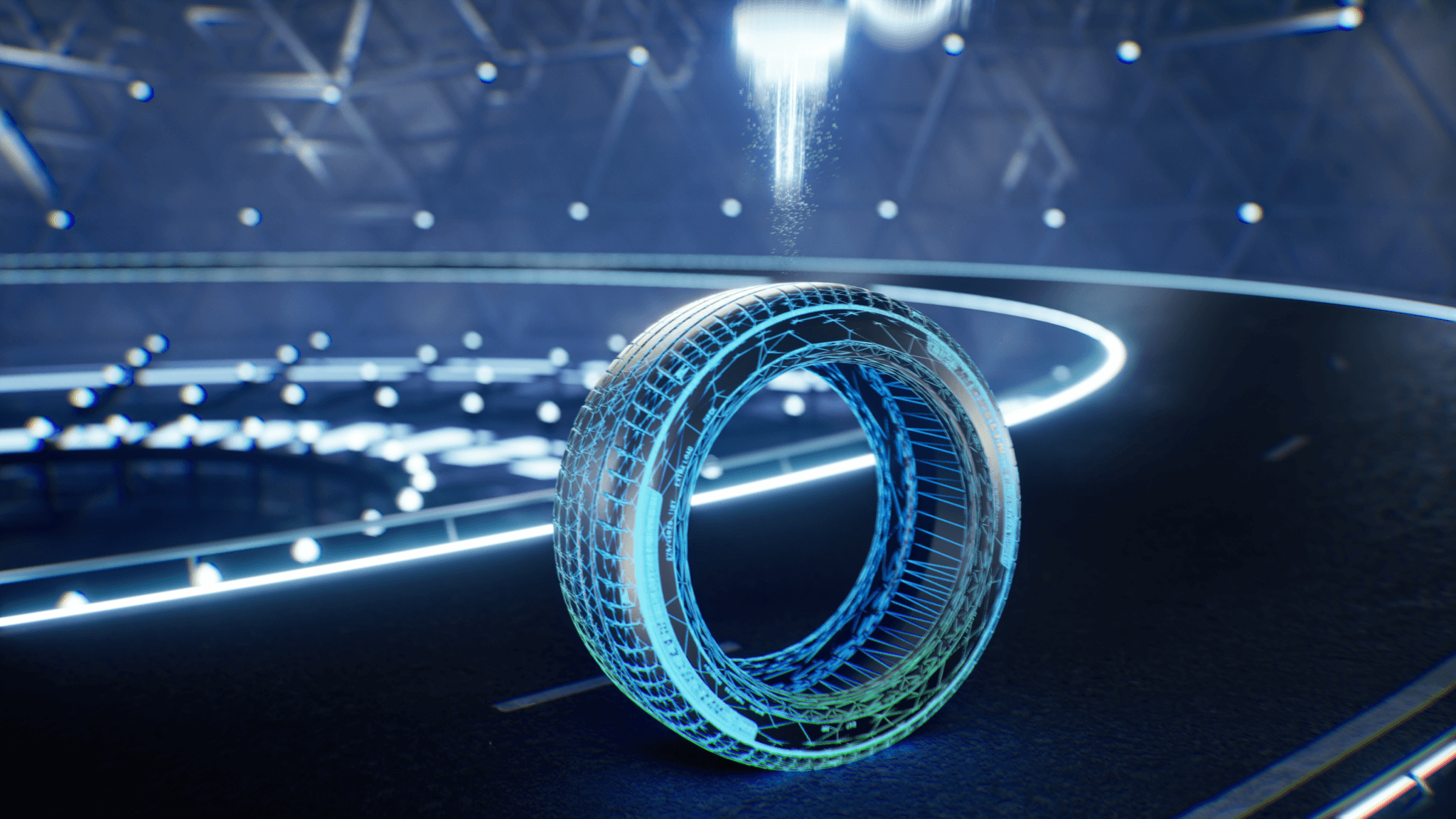 Michelin tyre with a see-through structure on a track, real-time 3D film
