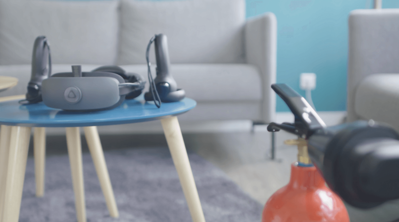 HTC Vive headset and training extinguisher for the Safety Bus XR fire simulation