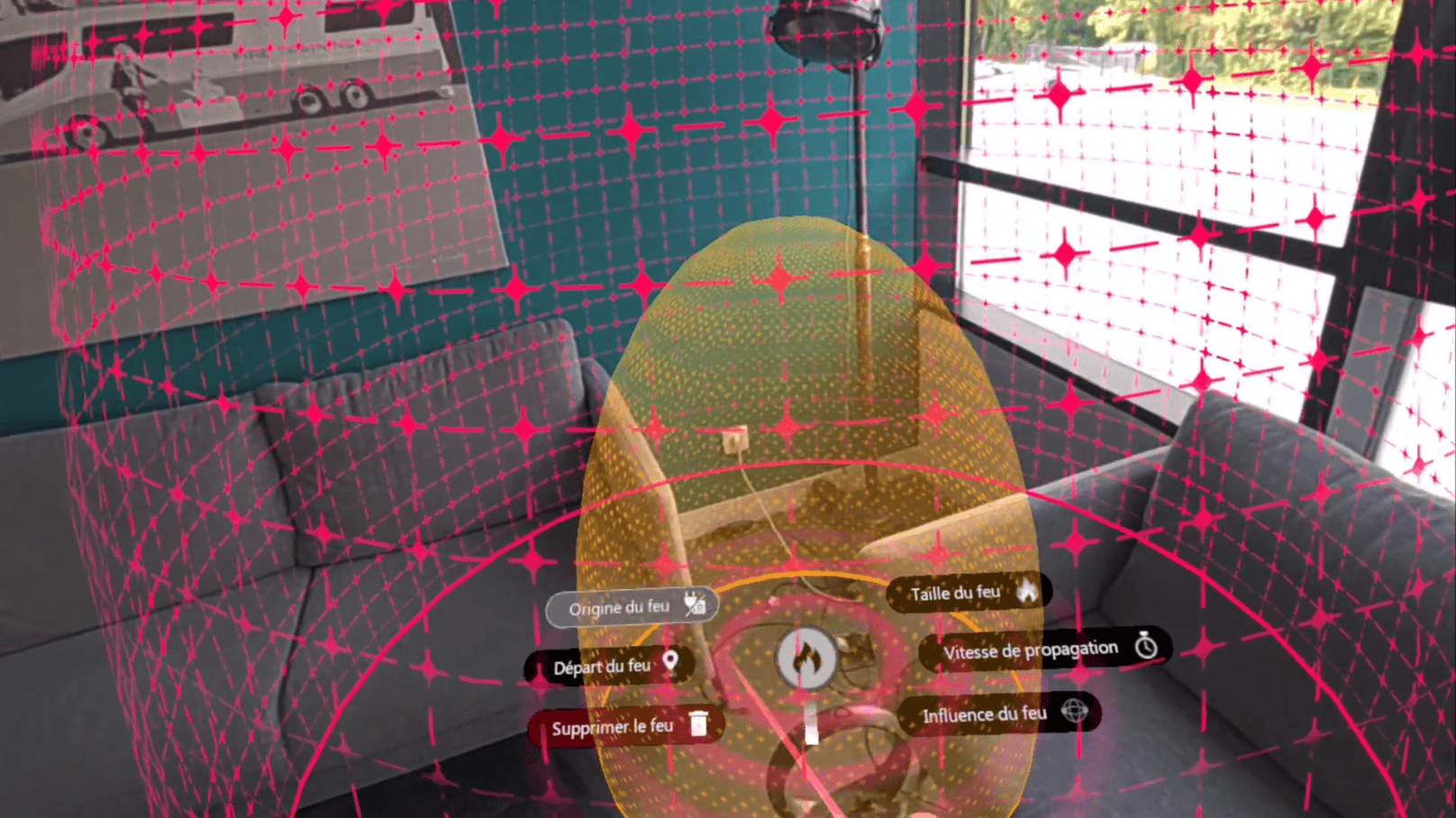 Setting up a virtual fire outbreak in a room, AR fire simulation