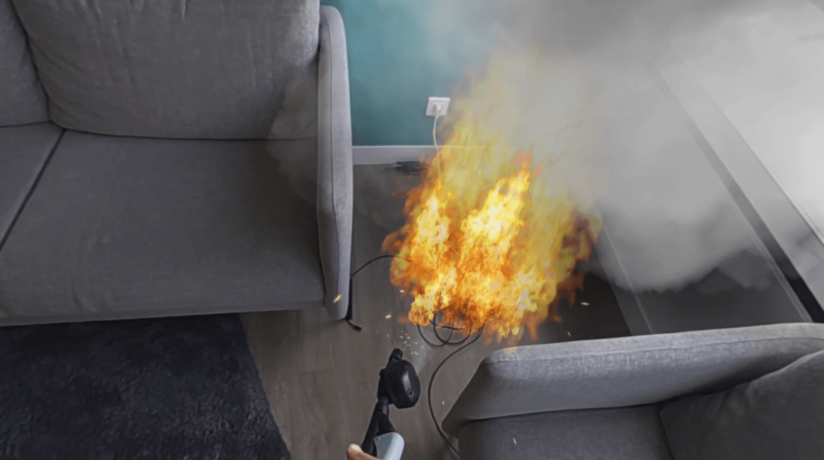 Virtual fire on a sofa in augmented reality, fire simulation
