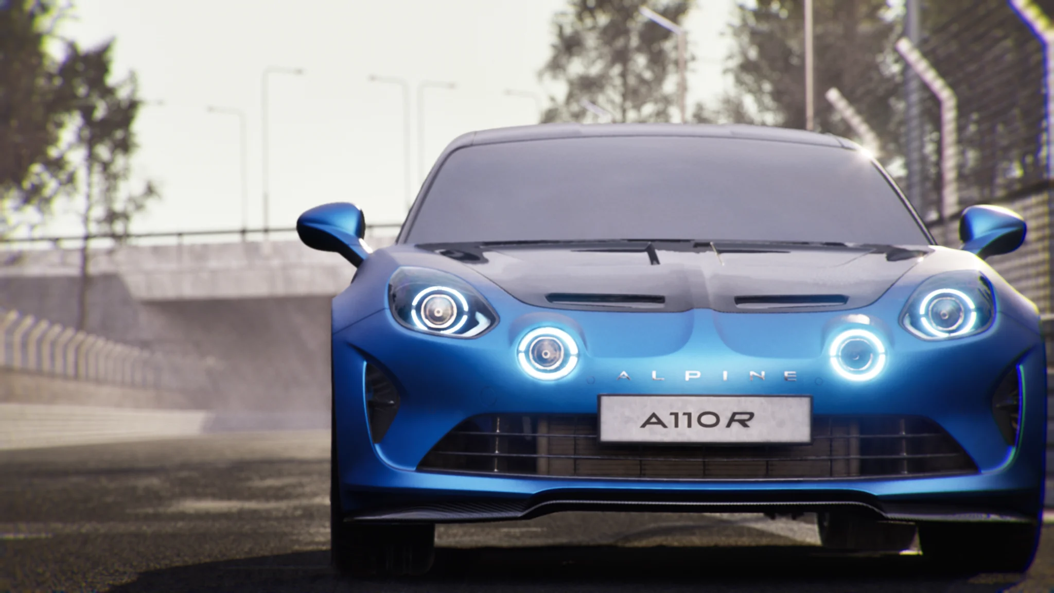 Blue Alpine A110 R from the front on the track, 3D film in Unreal Engine