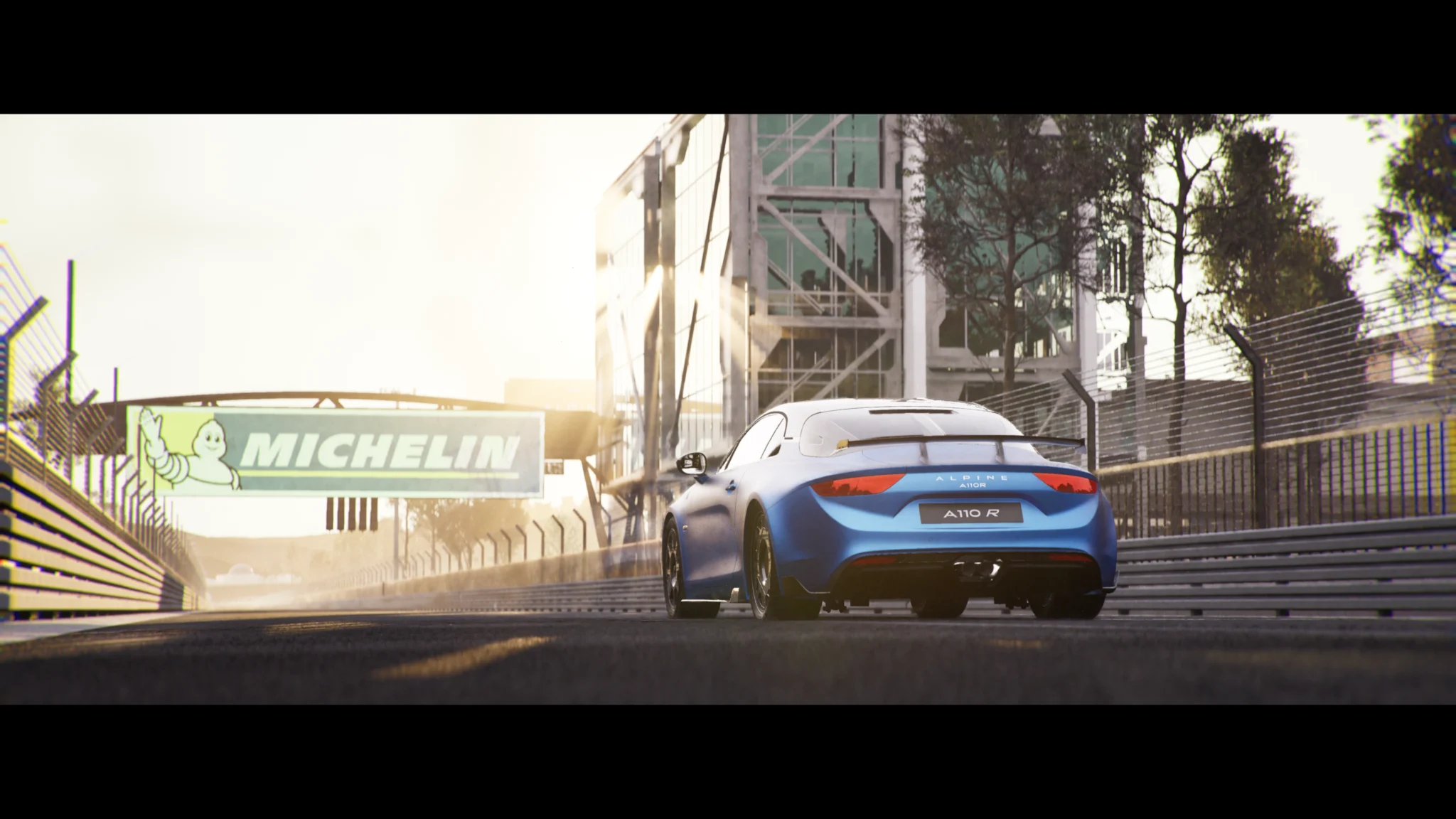 Blue Alpine under the Michelin bridge at the Le Mans circuit, 3D film